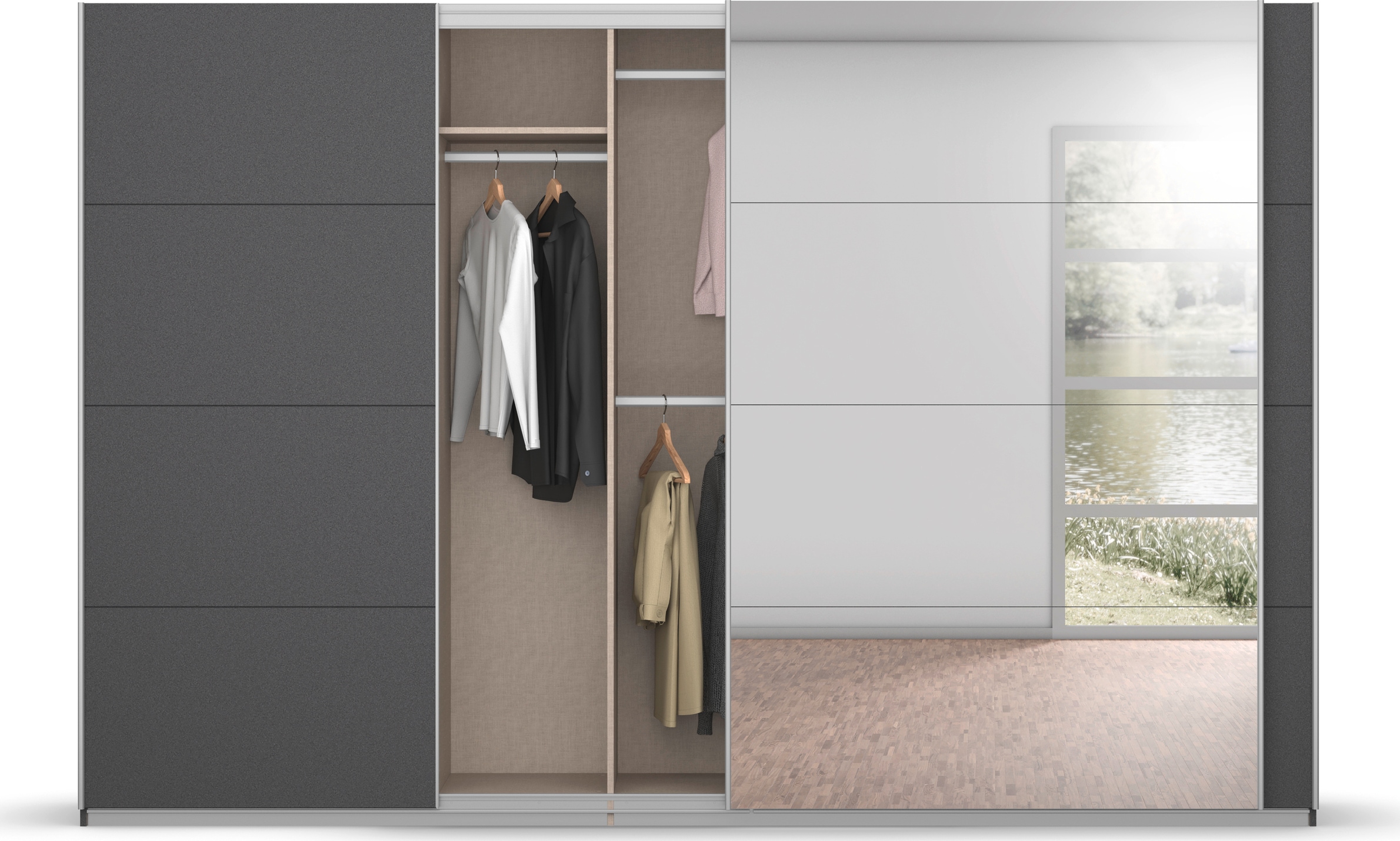 rauch Schwebetürenschrank »Kleiderschrank Schrank Garderobe KOLUNA mit Glastüren und Spiegel«, inkl. 2 Innenschubladen sowie extra Einlegeböden MADE IN GERMANY