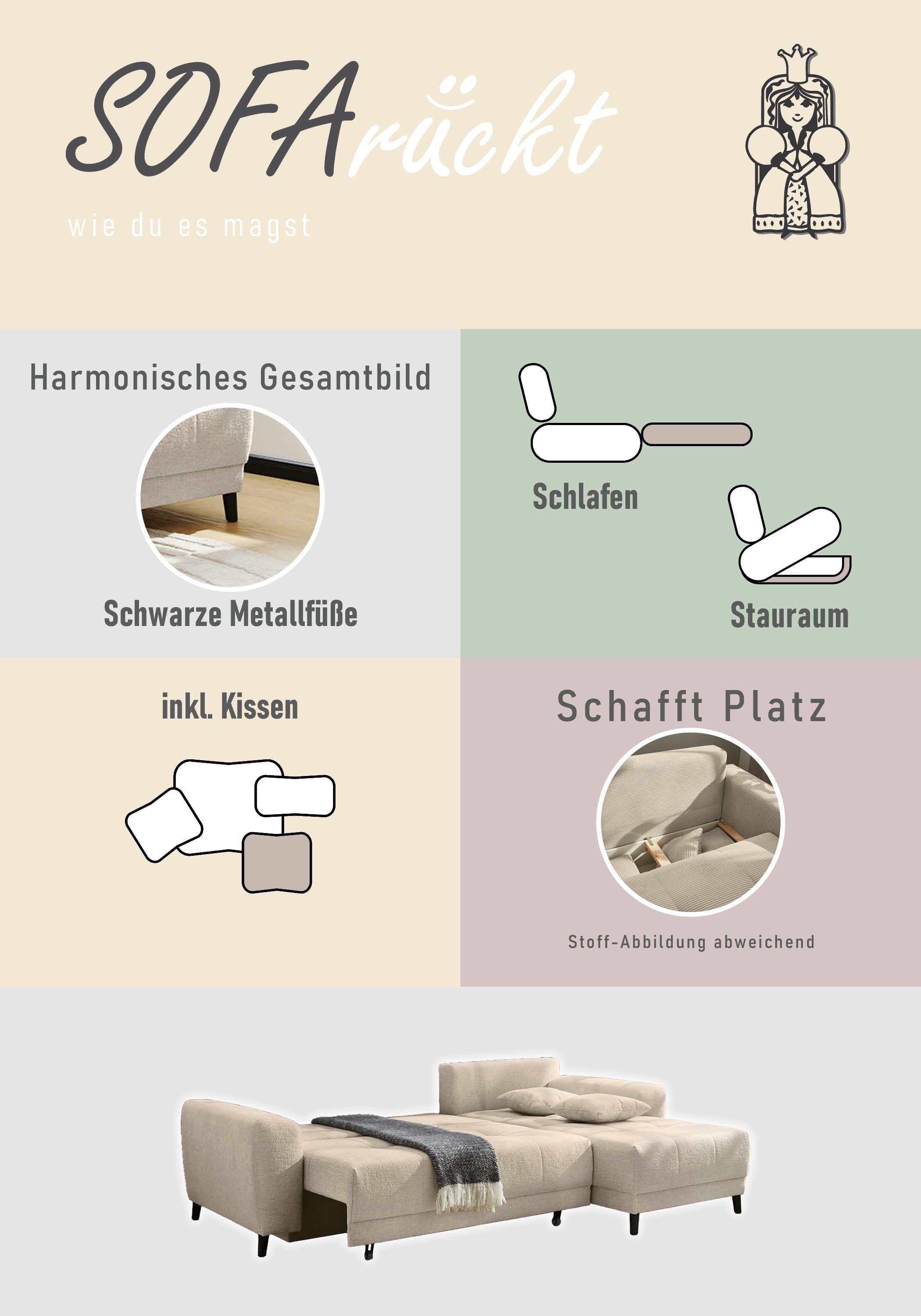 Jockenhöfer Gruppe Ecksofa »Beverly, inklusive Bettfunktion«, Stauraum / Bettkasten, Ottmane links oder rechts montierbar