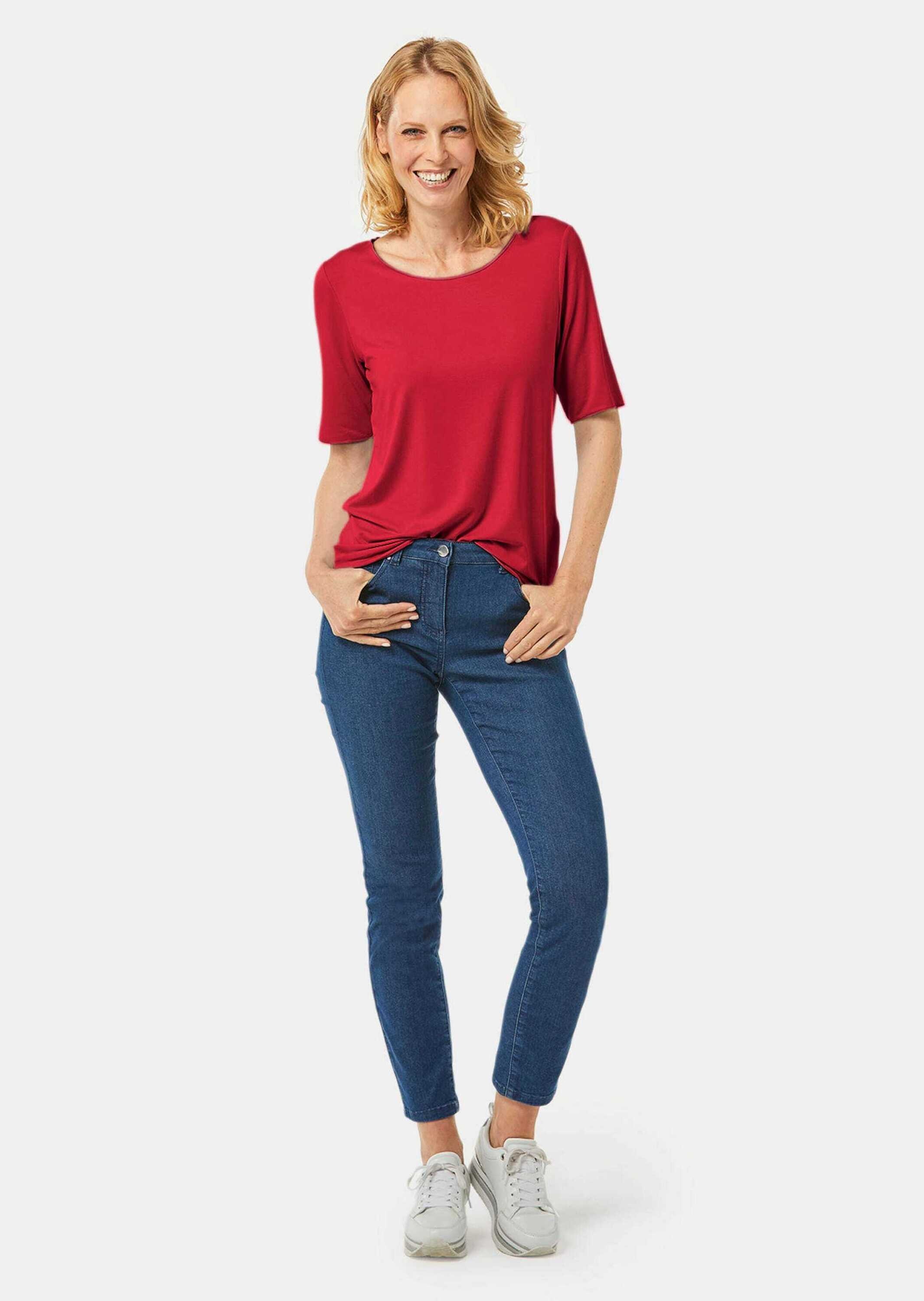 GOLDNER Langarm-Poloshirt »Rundhalsshirt Kombistarkes Halbarmshirt mit tonaler Zierkante«