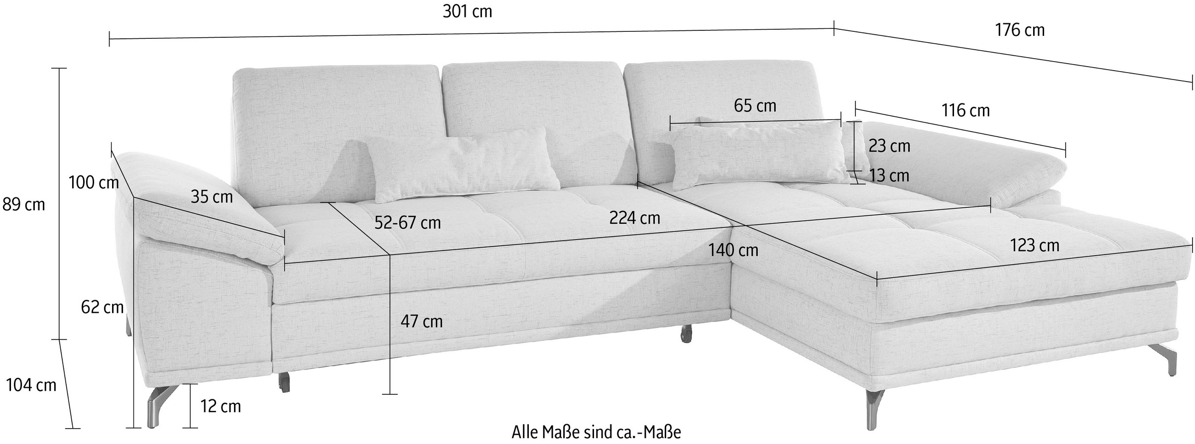 Places of Style Ecksofa Costello, mit Sitztiefenverstellung und Armlehnfunktion, incl. 3 Nierenkissen
