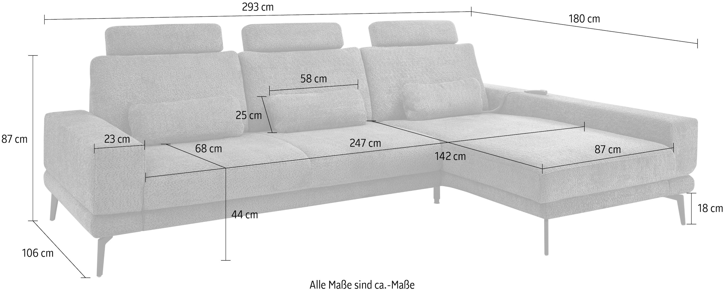 set one by Musterring Ecksofa »SO 3600, inkl motor. Sitztiefenverstellung, Kopfstützen, Nierenkissen«, Sitzhöhe 44 cm, Federkern, Breite 293 x Tiefe 180 cm, Kama silver