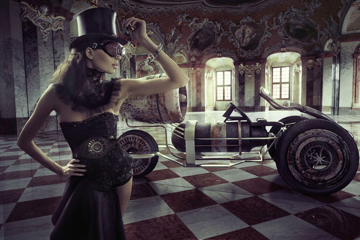 Papermoon Fototapete »STEAMPUNK-FRAU SEXY FANTASIE SURREAL KUNST RETRO AUTO«