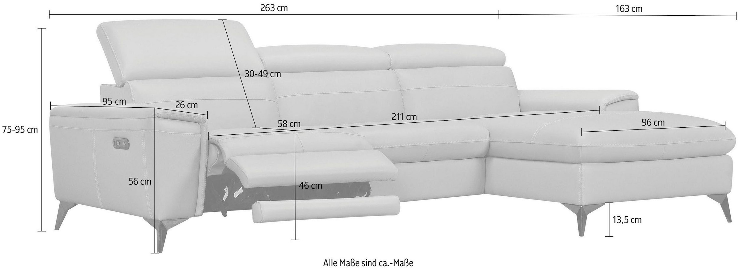 Places of Style Ecksofa »Theron, L-Form, 263 cm,«, elektrische Relaxfunktion, USB-Anschluss, manuelle Kopfteilverstellung