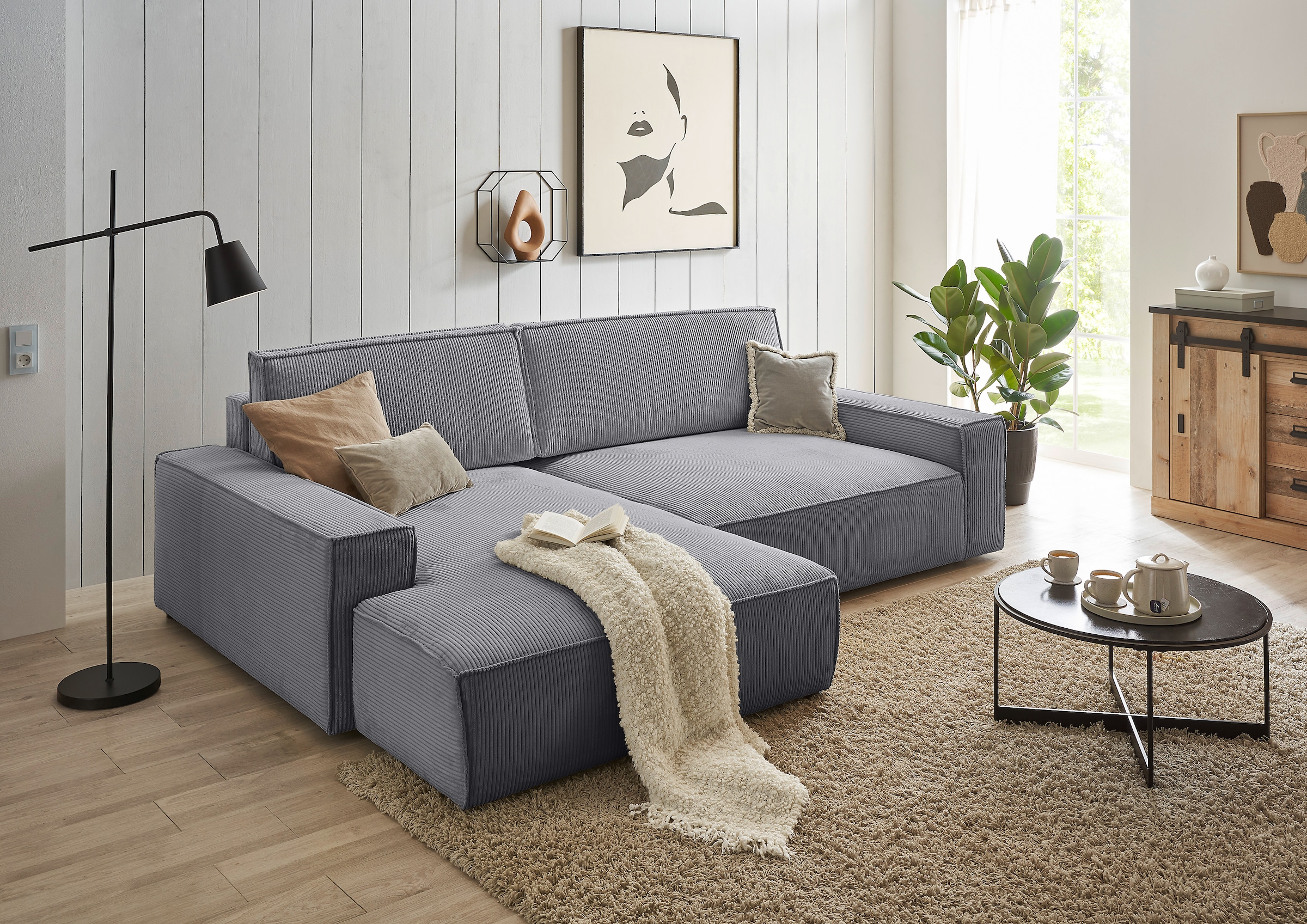 Home affaire Ecksofa »NEU: SHERWOODL XXL 284, Big-Sofa L-Form, tiefe Sitzfläche 95 cm, Cord,«, Leinenoptik, Recamiere rechts/links, auch als Schlafsofa stellbar