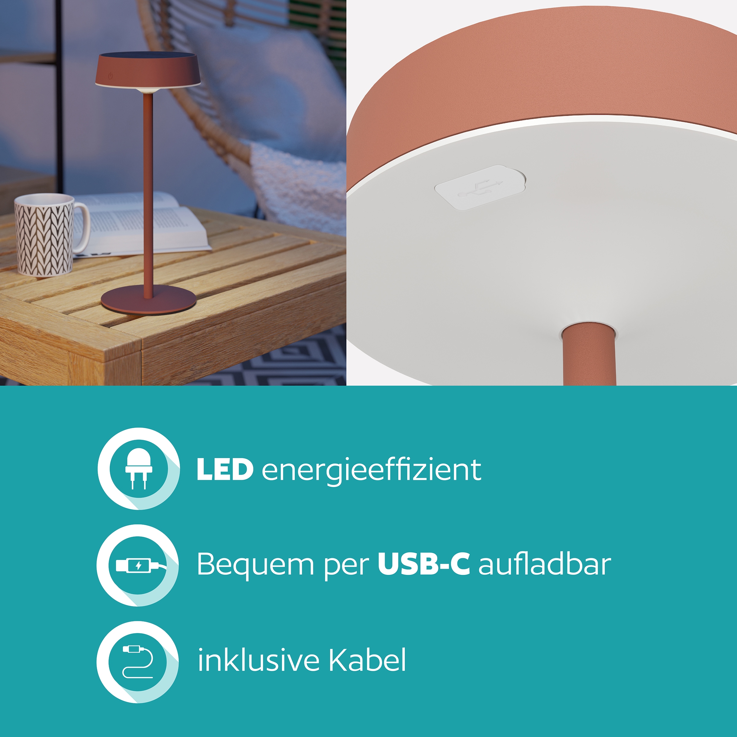 EGLO Tischleuchte »SIMERI Tischlampe - Stahl - SOLAR-LED - 3W - IP44« LED-Modul 1 Stk. Kaltweiß | Neutralweiß | Warmweiß Solarleuchte, Außentischleuchte, Akku, Leselampe, H31 x Ø13 cm