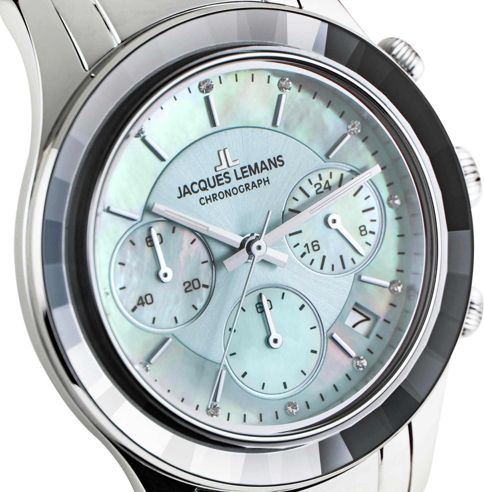 Jacques Lemans Chronograph »Venice«, Armbanduhr, Damenuhr, Edelstahlarmband, Stoppfunktion, Datum, Perlmutt