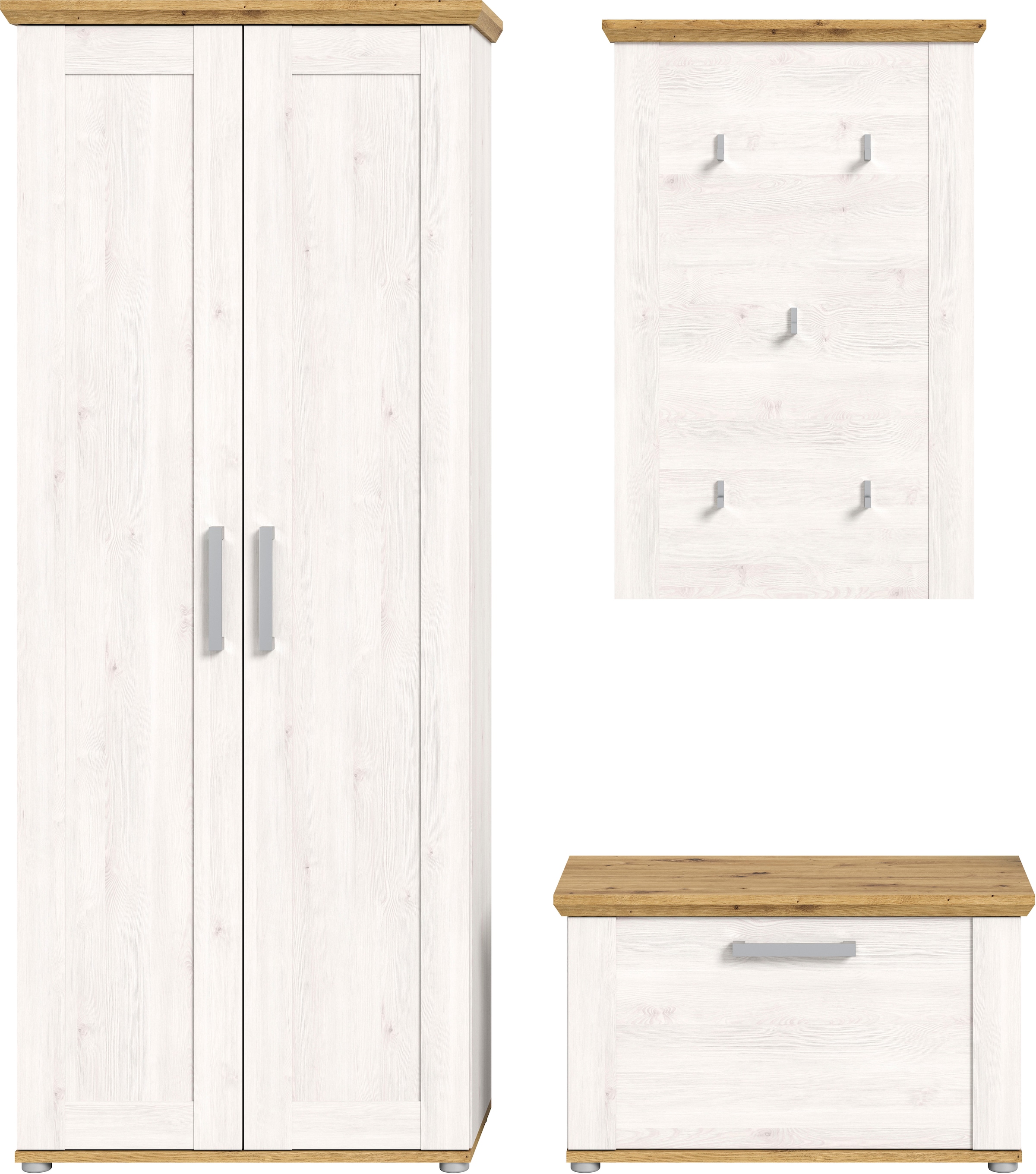 Home affaire Garderoben-Set »Cosenza, Breite ca. 175 cm, 2-farbig, 3-teilig, bestehend aus:«, (3 St.), Garderobenschrank, Sitzbank, Garderobenpaneel, in Landhausoptik