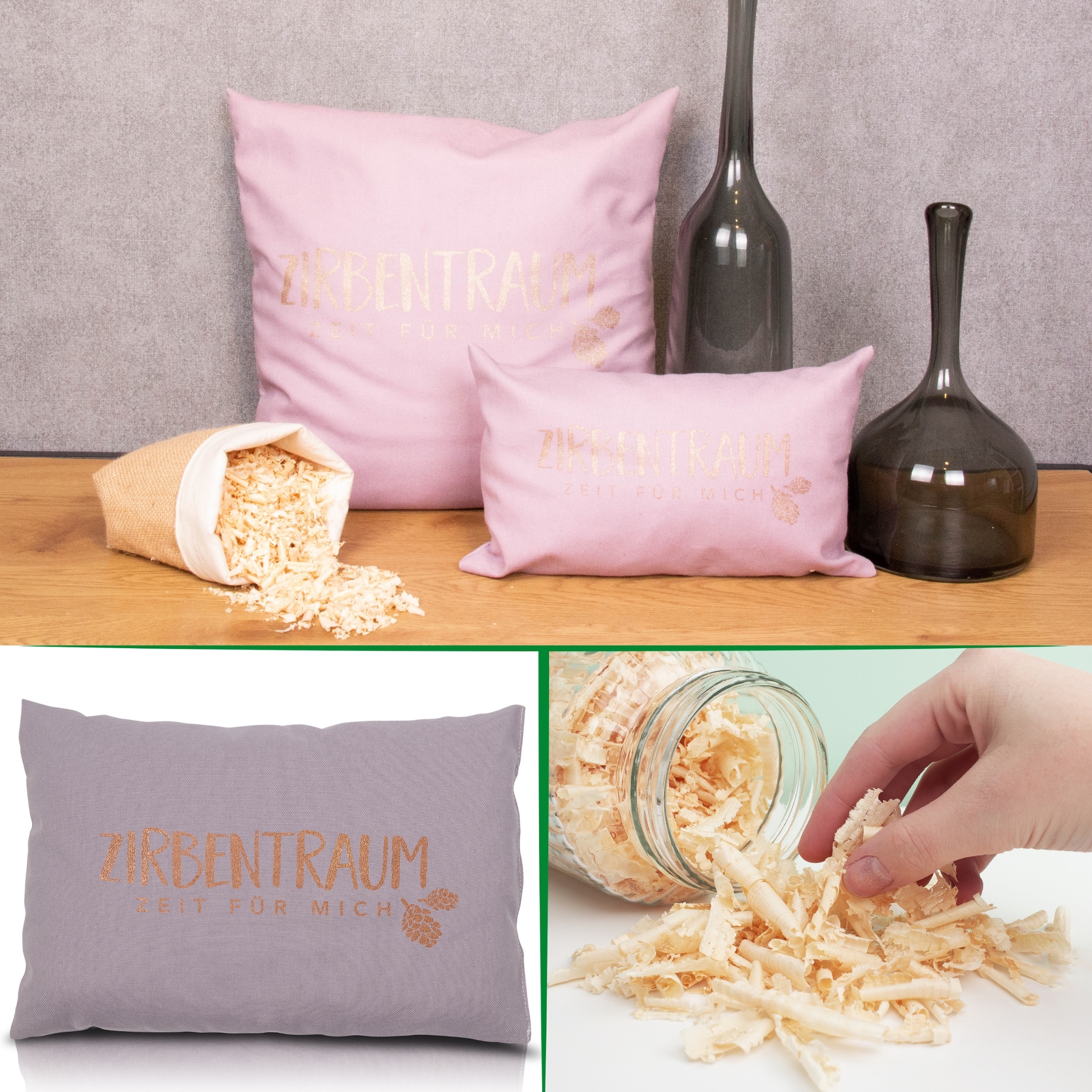 herbalind Zirbenkissen »Zirbentraum in Anthrazit/Roségold 30x20 mit Reißverschluss - Gefüllt«, (1 tlg.), mit hochwertigen Zirbenholzflocken 100% Baumwolle - Made in Germany