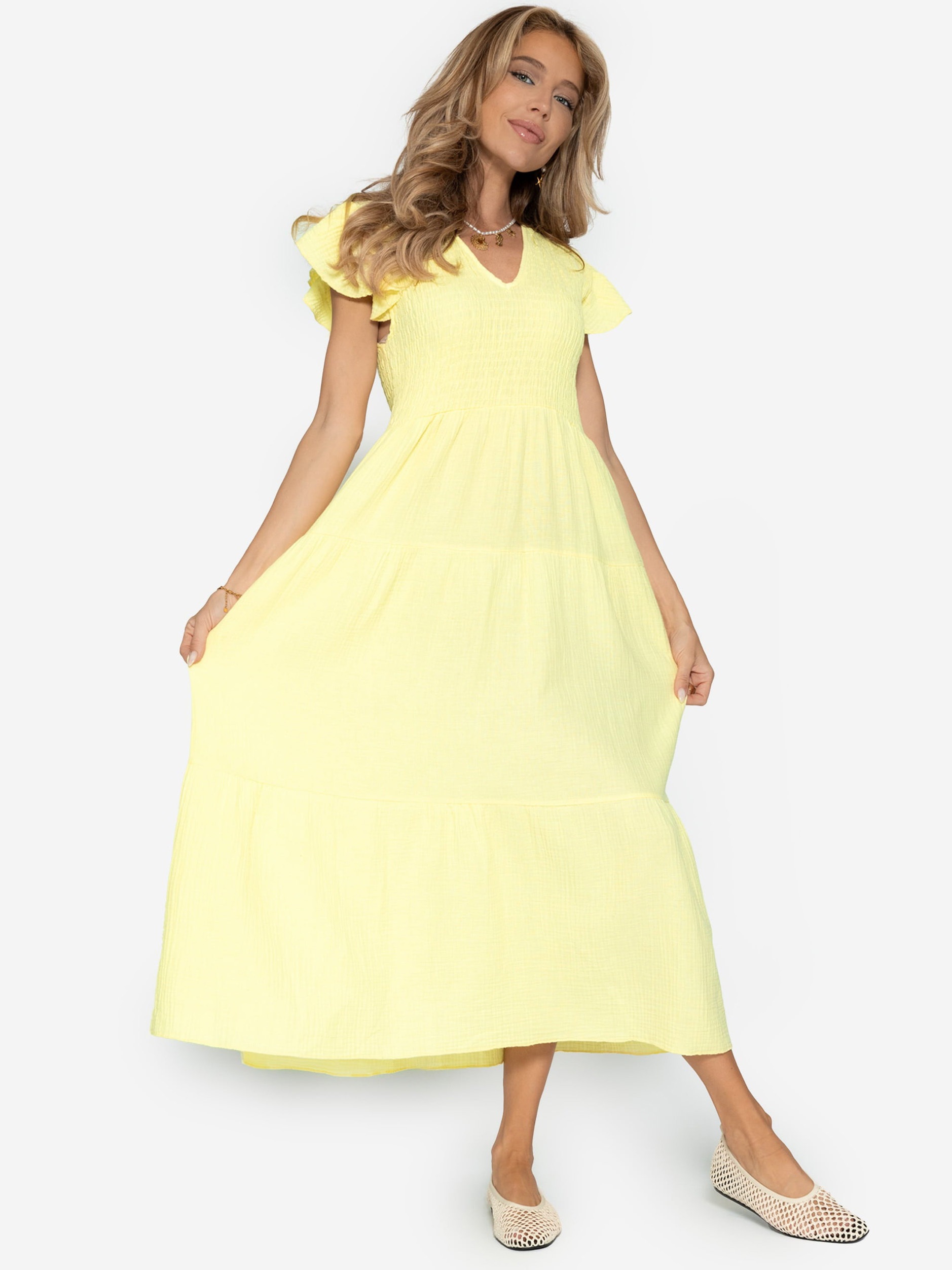 SASSYCLASSY Maxikleid »Maxi Musselin Kleid mit Volants und Flügelärmel« Sommerliches Kleid aus Musselin mit Flügelärmel Gelb Schwarz Pink