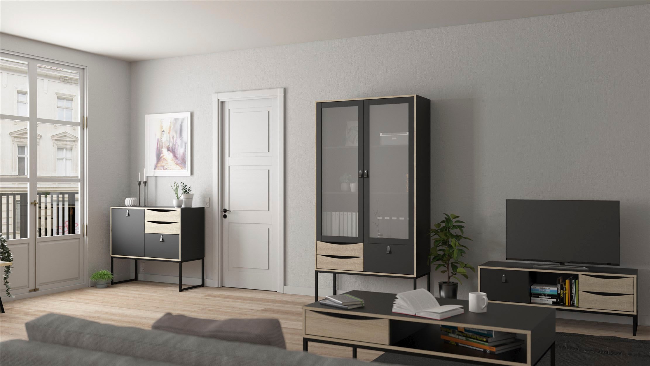 andas TV-Board »Stubbe«, TV-Kommode, Breite 117,2cm, 3 Schubkästen, 1 Ledergriff
