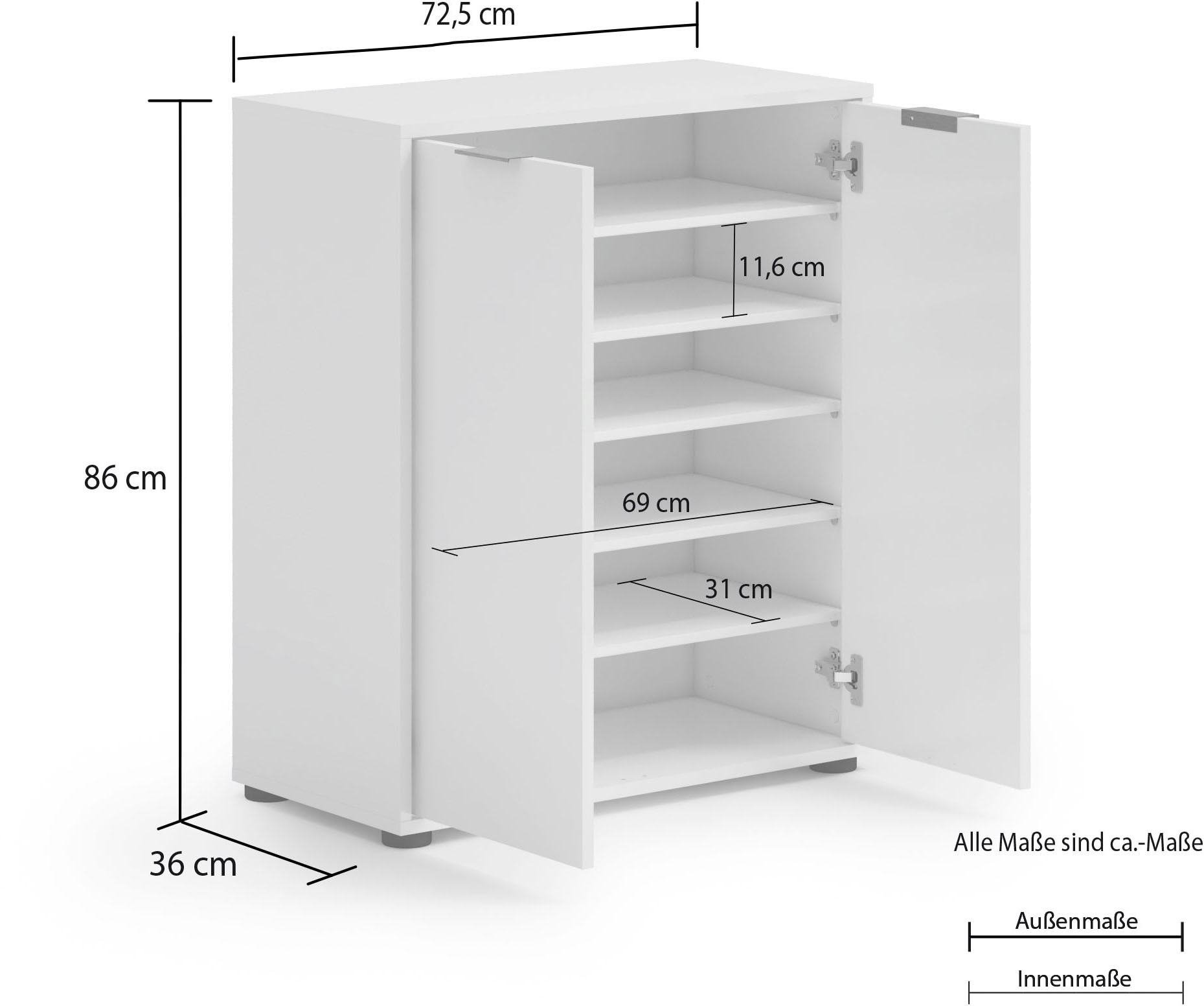 INOSIGN Schuhschrank »Jolly,Schuhkommode,Schuhmöbel,Schuhablage,Schuhregal«, Breite 72,5 cm, Höhe 86 cm, 2 Türen, 6 Fächer, hochglanz, Alu Griff