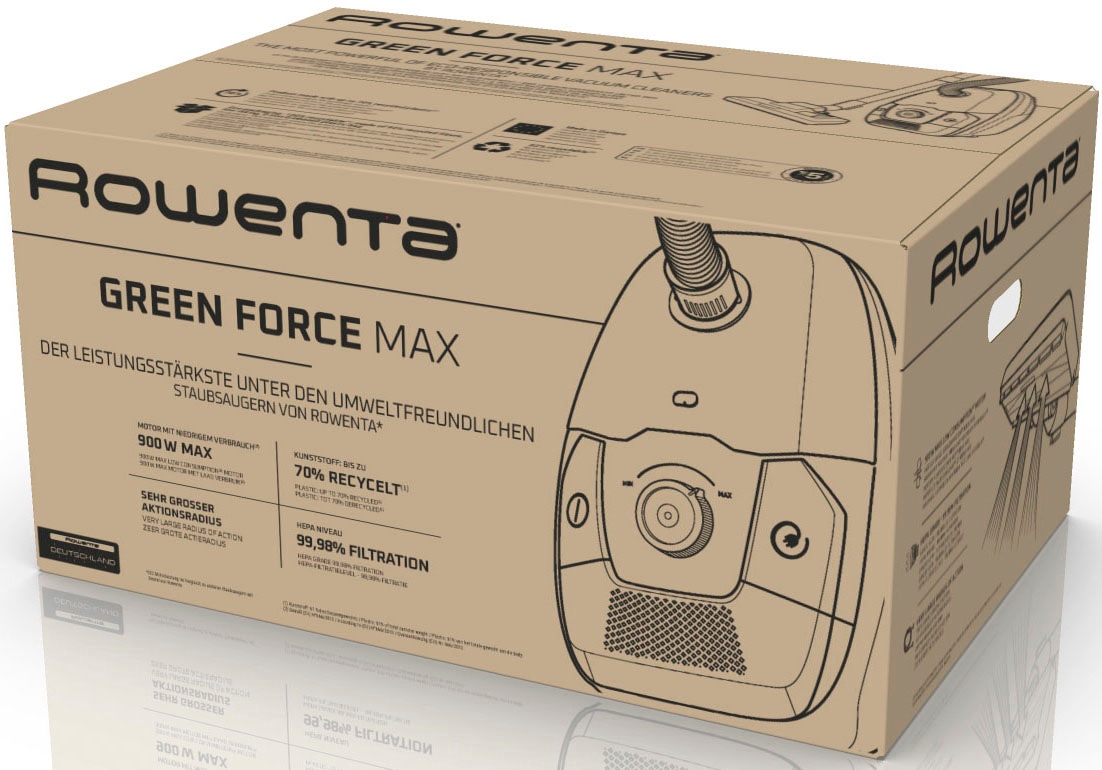 Rowenta Bodenstaubsauger »Green Force Max, extreme Reinigungskraft, hygienischer Beutelwechsel«, 900 W, mit Beutel, 99,98% Filtration, umweltschonend, aus recyceltem Kunststoff, RO4933