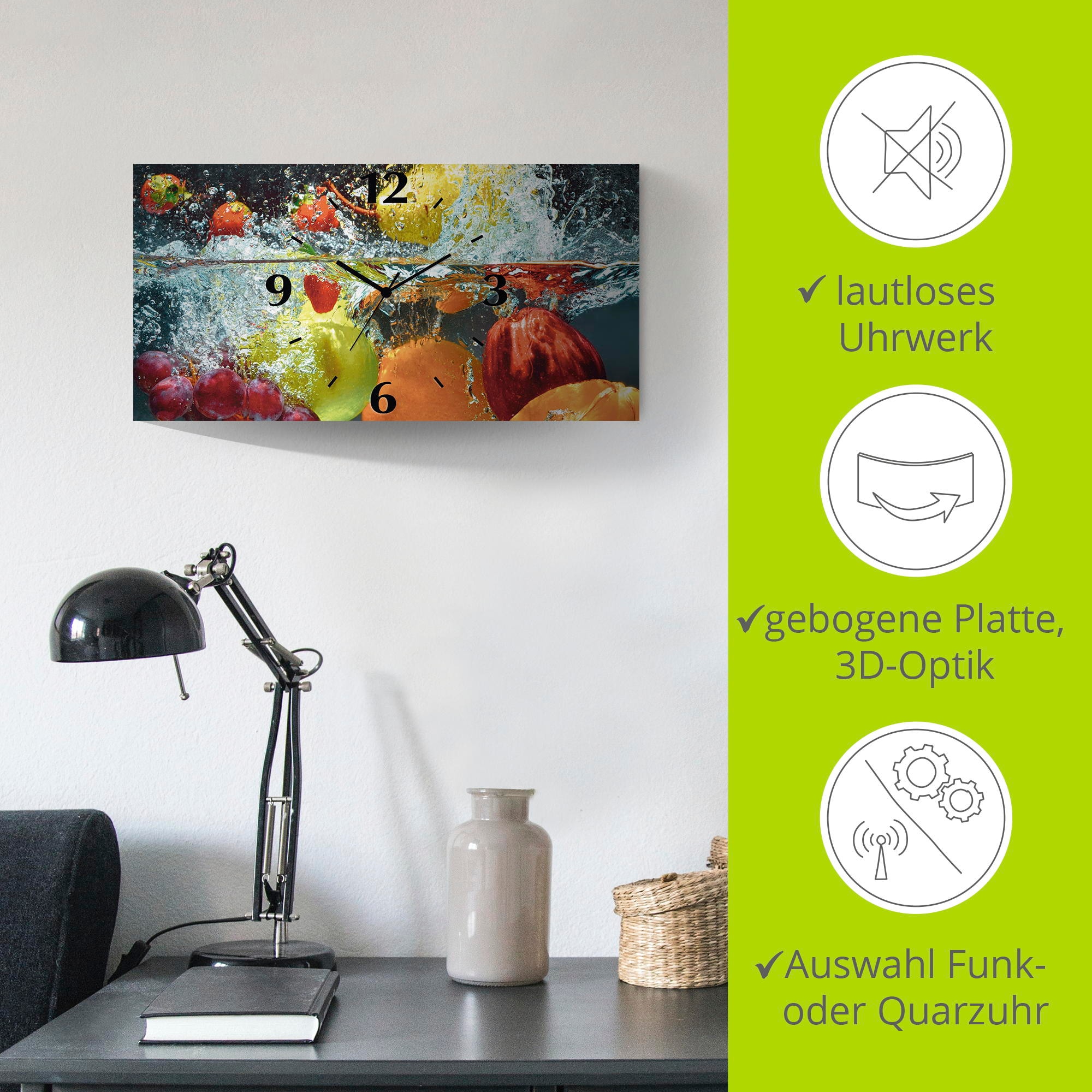 Artland Wanduhr »Spritzendes Obst auf dem Wasser«, 3D Optik gebogen, mit Quarz- oder Funkuhrwerk, versch. Größen
