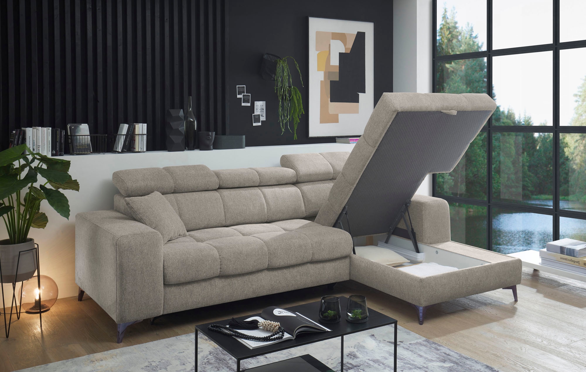 ED EXCITING DESIGN Ecksofa »Sydney L-Form«, mit Bettfunktion, Bettkasten, Kopfteilverstellung & 2 Zierkissen