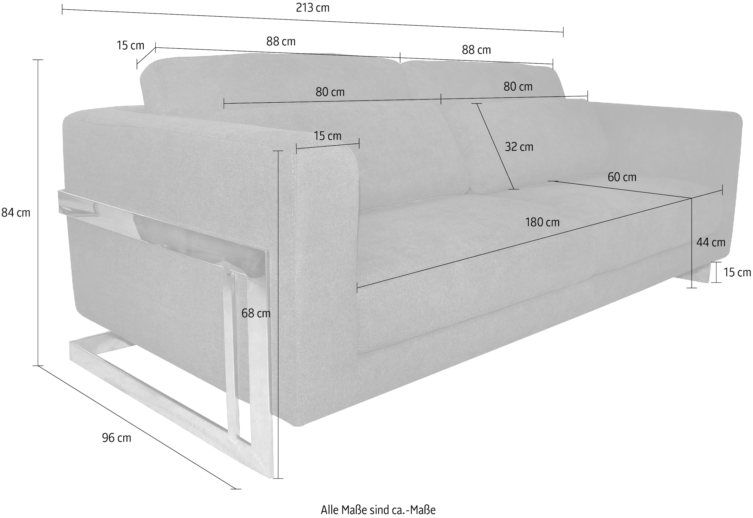 Leonique 3-Sitzer »New York«, Petrolblaues 3-Sitzer Sofa, Edelstahlgestell, 175x84x96, Sitzhöhe 44cm