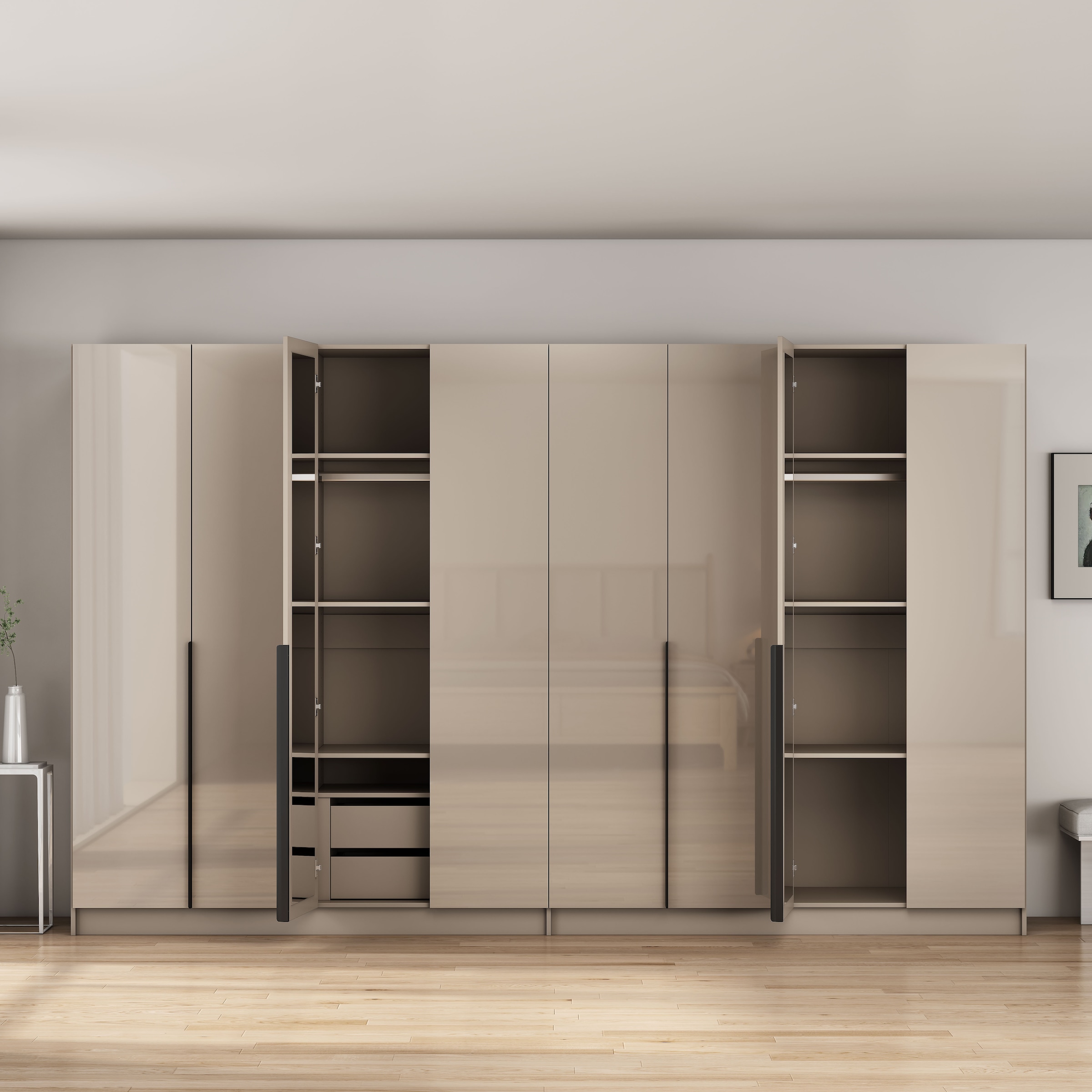 OTTO home Kleiderschrank »Annor Schlafzimmerschrank Breite 323 cm hochglanz Schrank Garderobe« Drehtürenschrank mit perfekter Innenausstattung - elegante Türgriffe