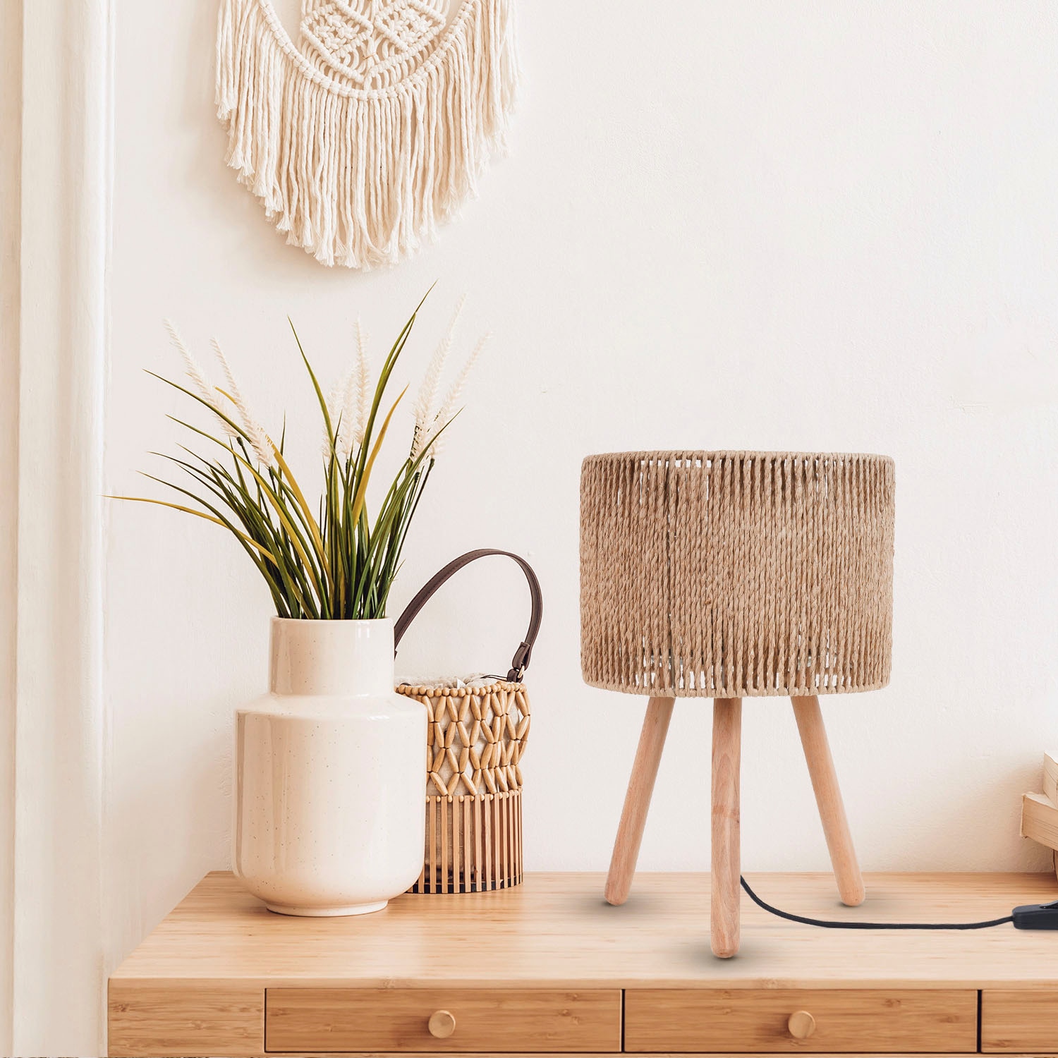 Paco Home Tischleuchte »PITA«, Leuchtmittel E27 | ohne Leuchtmittel, Nacht Schreib Lampenschirm Boho Holz Stativ E27