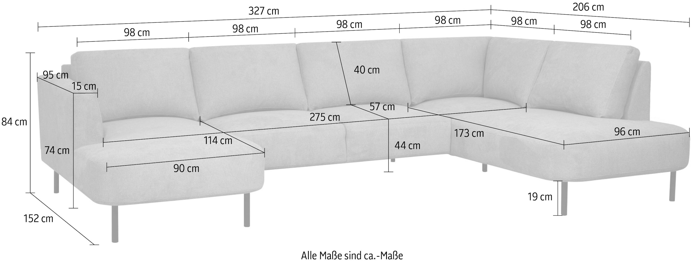 Places of Style Wohnlandschaft »Cesola«, in weichem Chenille-Stoff, Breite 327 cm, mit schwarzen Metallfüßen