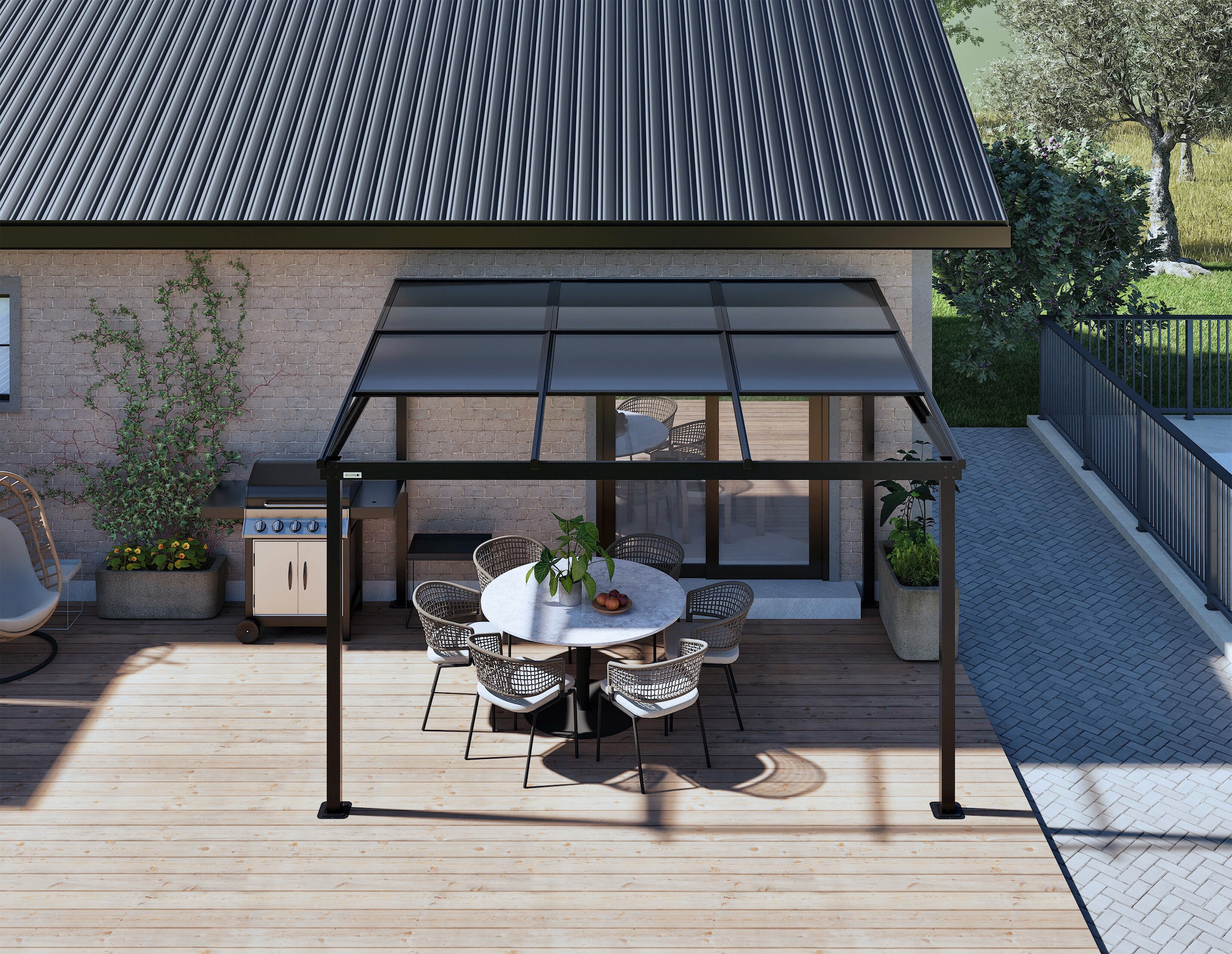 Sojag Terrassendach »Terrassenüberdachung Budavar Schwarz« Inkl. Moskitonetzen & Vorhängen