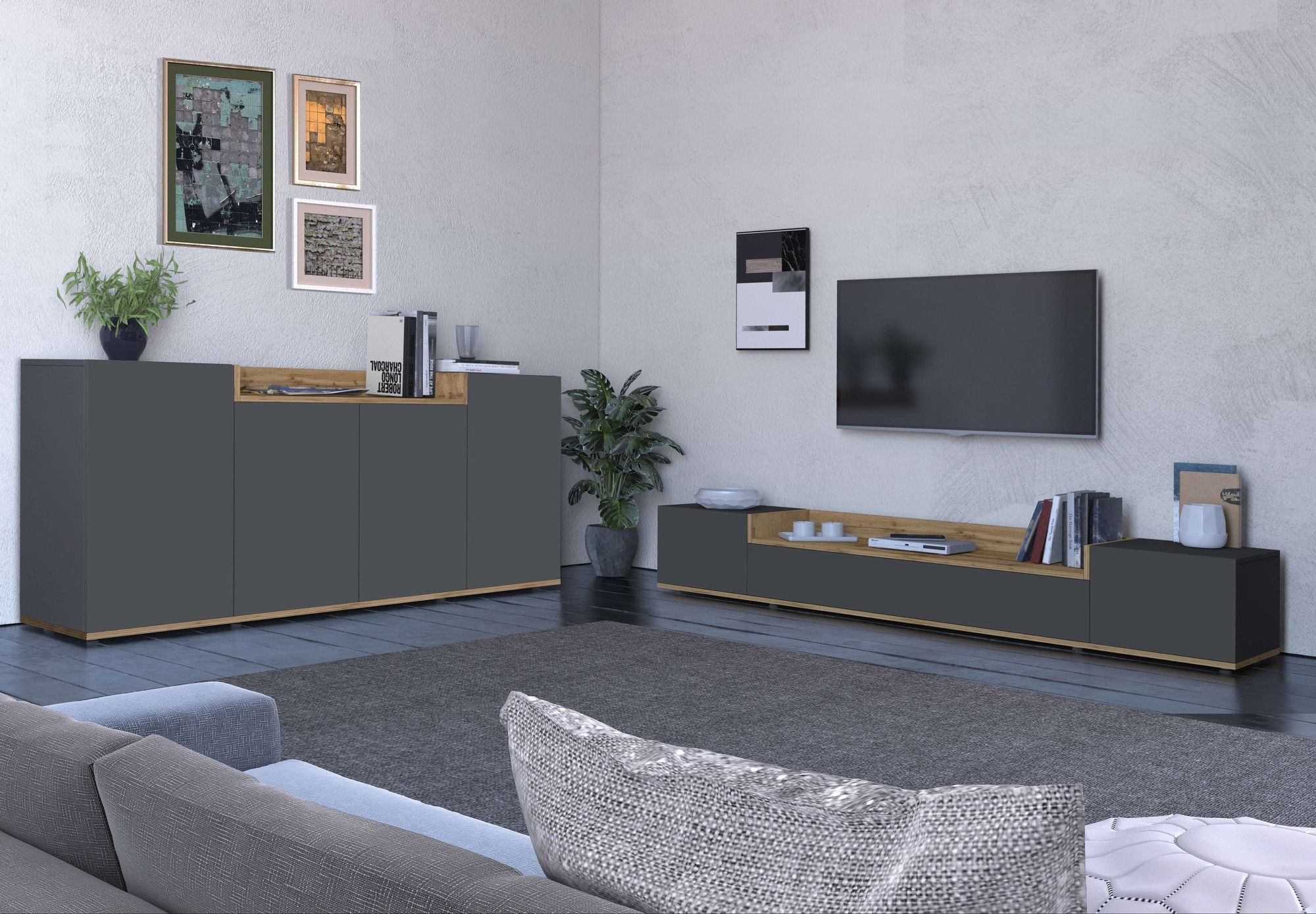 OTTO home Lowboard »BOLSENA,TV-Kommode, TV-Möbel,TV-Bank, 4 Fächer und offenes Ablagefach« 1 Stk. tlg. stehend/hängend montierbar, Made in Italy, B/T/H: 200 × 35 × 31,2 cm