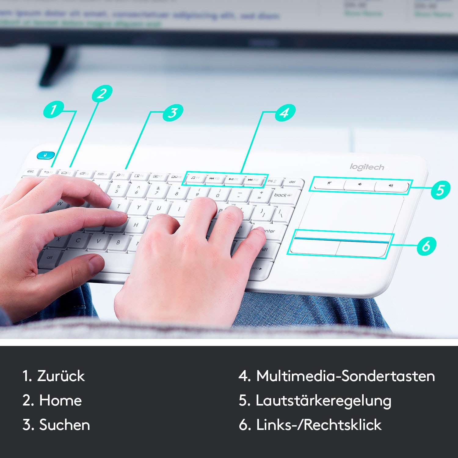 Logitech Tastatur »Wireless Touch Keyboard K400 Plus«, (Antirutsch-Füße-Lautstärkeregler-Touchpad)