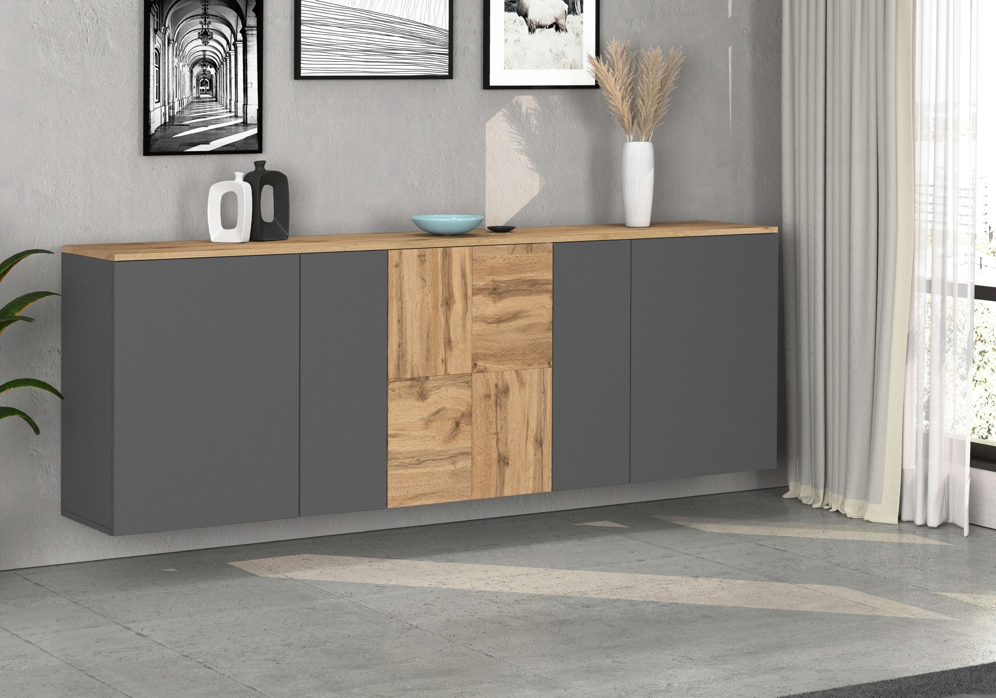 OTTO home Sideboard »ISEO, Kommode, Schrank, Sideboard, Lowboard, 6 Fächer, Breite 200 cm« 1 Stk. tlg. stehend/hängend, 5 Türen, 6 Fächer, Breite 200 cm