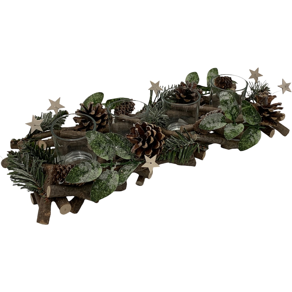 Home affaire Adventsleuchter »Weihnachtsdeko«, (1 St.), mit Tannenzweigen, Blättern, Zapfen + Sternen geschmückt, L. ca. 40cm