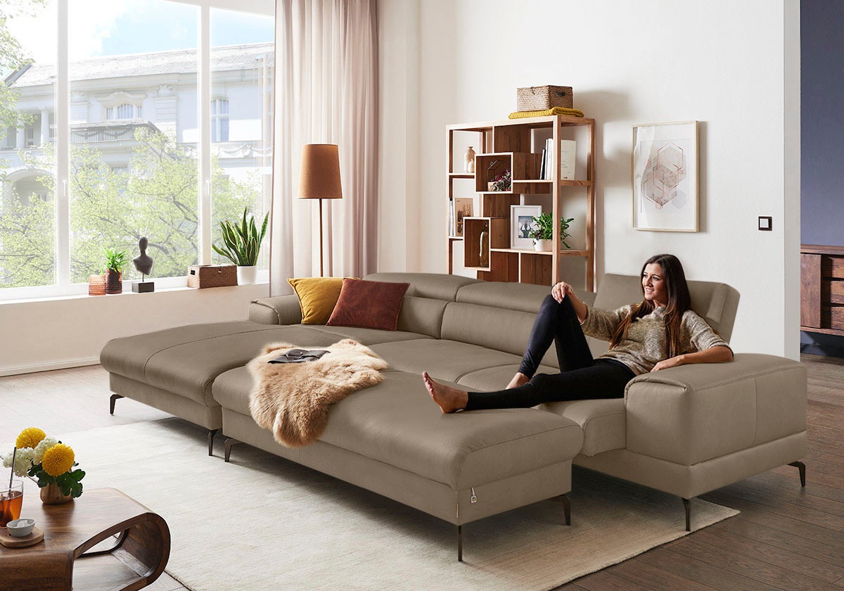 W.SCHILLIG Ecksofa »piedroo, Designsofa mit tollem Sitzkomfort, bequem und elegant, L-Form«, Kopfteilverstellung, wahlweise mit Sitztiefenverstellung, Breite 343cm