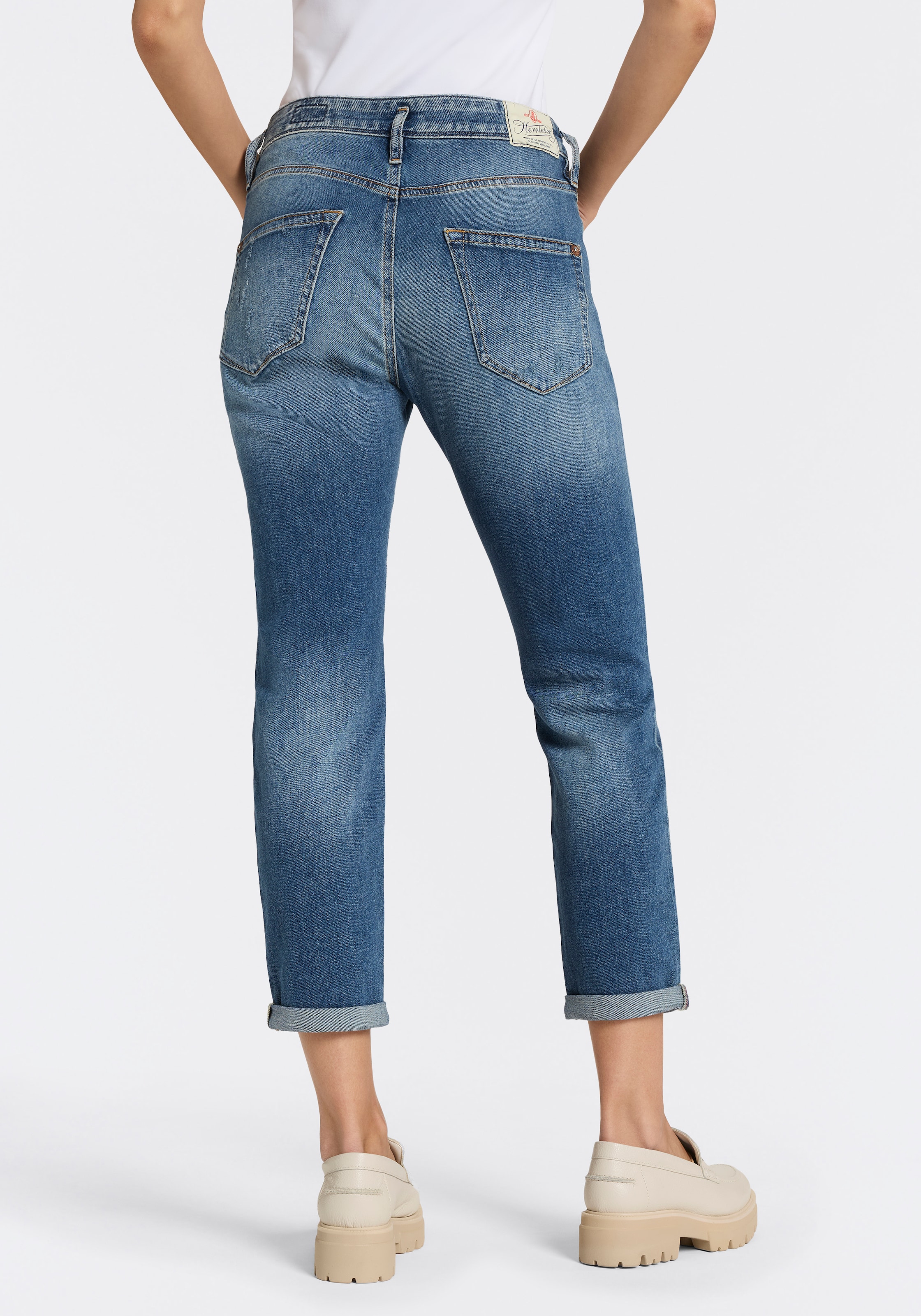 Herrlicher Boyfriend-Jeans »Shyra Cropped Denim Stretch« mit Abnähern, Umschlagsaum