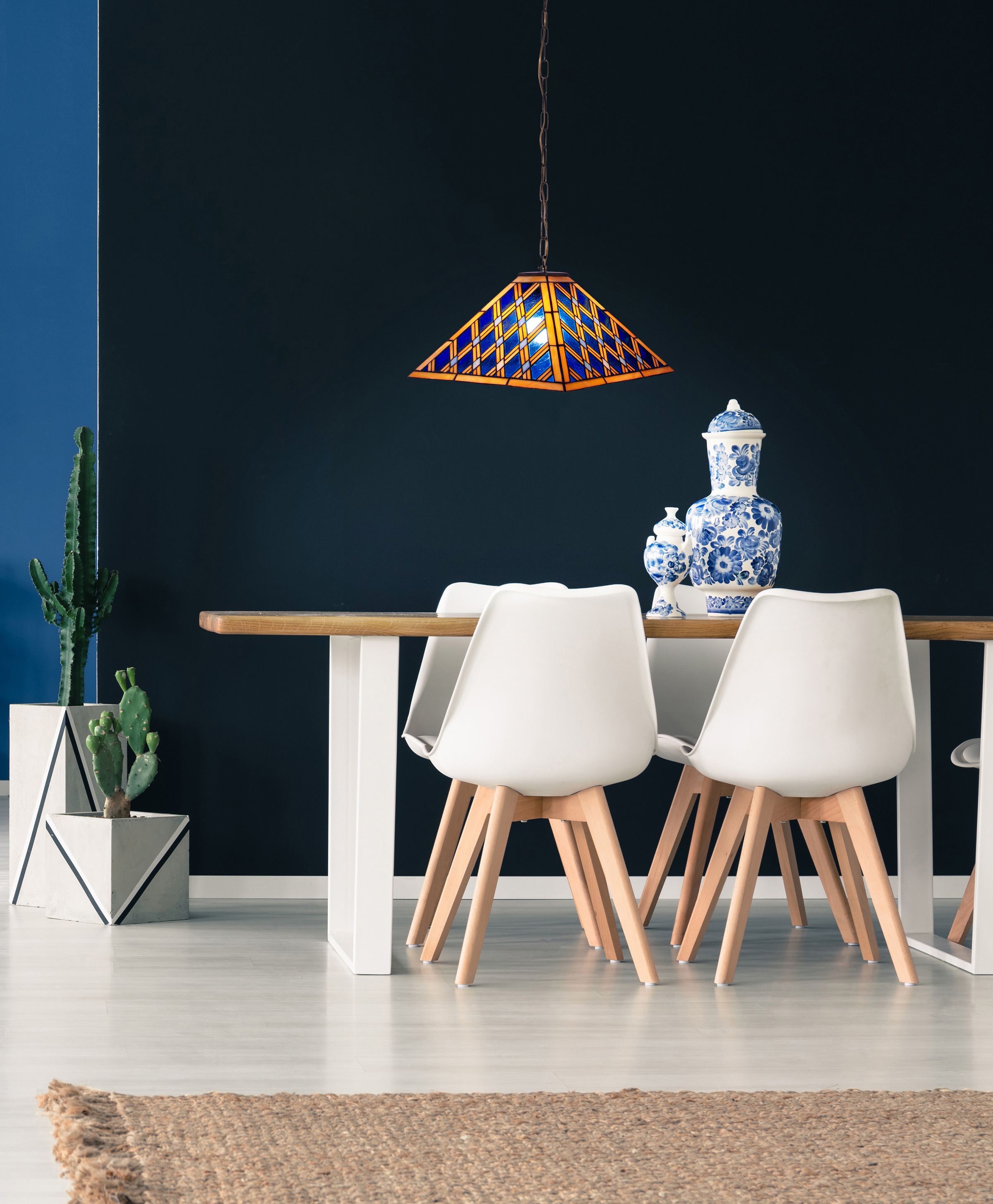 näve Pendelleuchte »Pyra«, 1 flammig, Leuchtmittel E27 | ohne Leuchtmittel, Tiffany-Stil pyramidenförmig Glas blau/gold 1xE27 Pendel 80cm