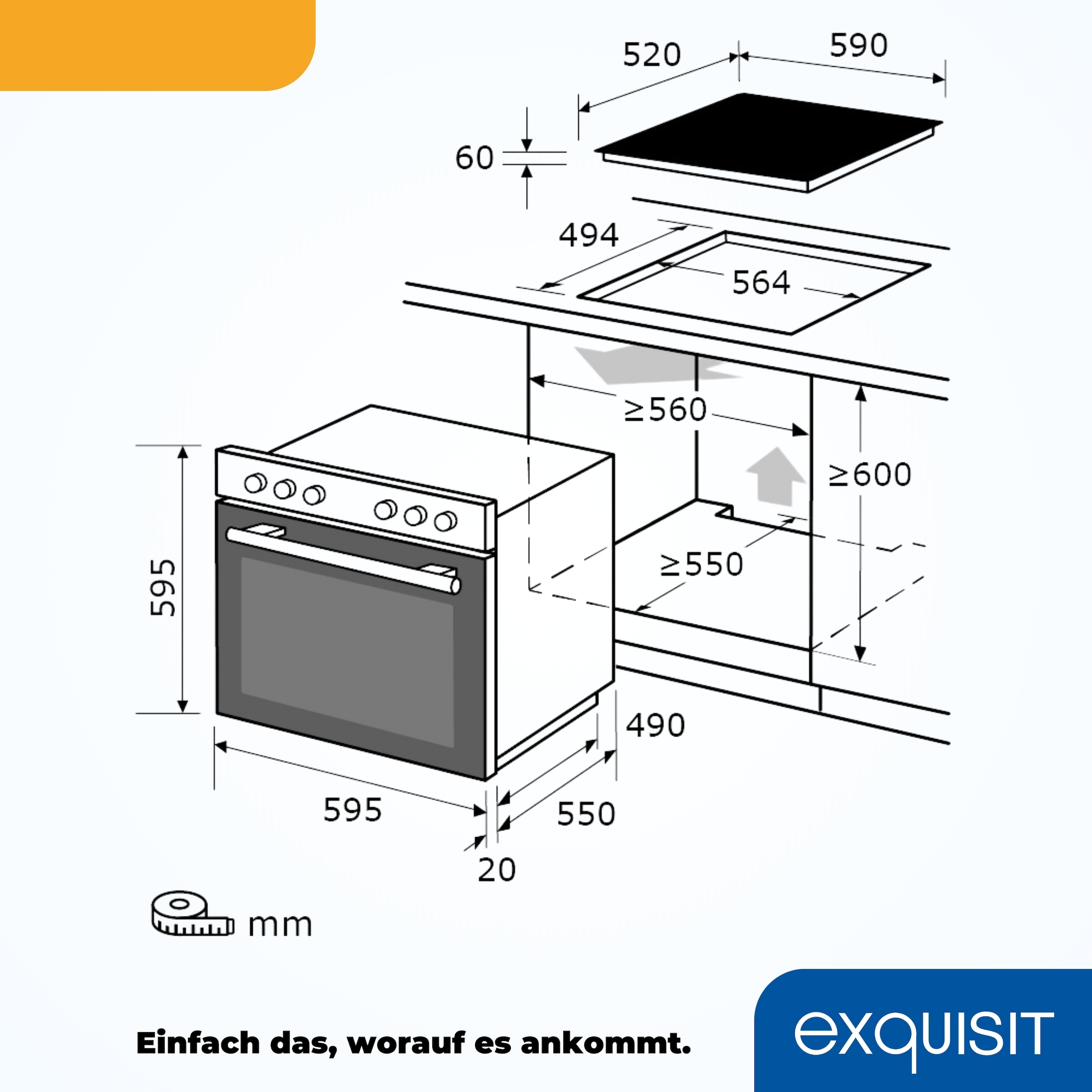 exquisit Backofen-Set »EHE258-UBZ-020-Set schwarz« Backofen | Glaskeramikkochfeld, 2 Stk. tlg. Vielseitiger Grill und 4-Zonen-Glaskeramikkochfeld – einfach & sicher!