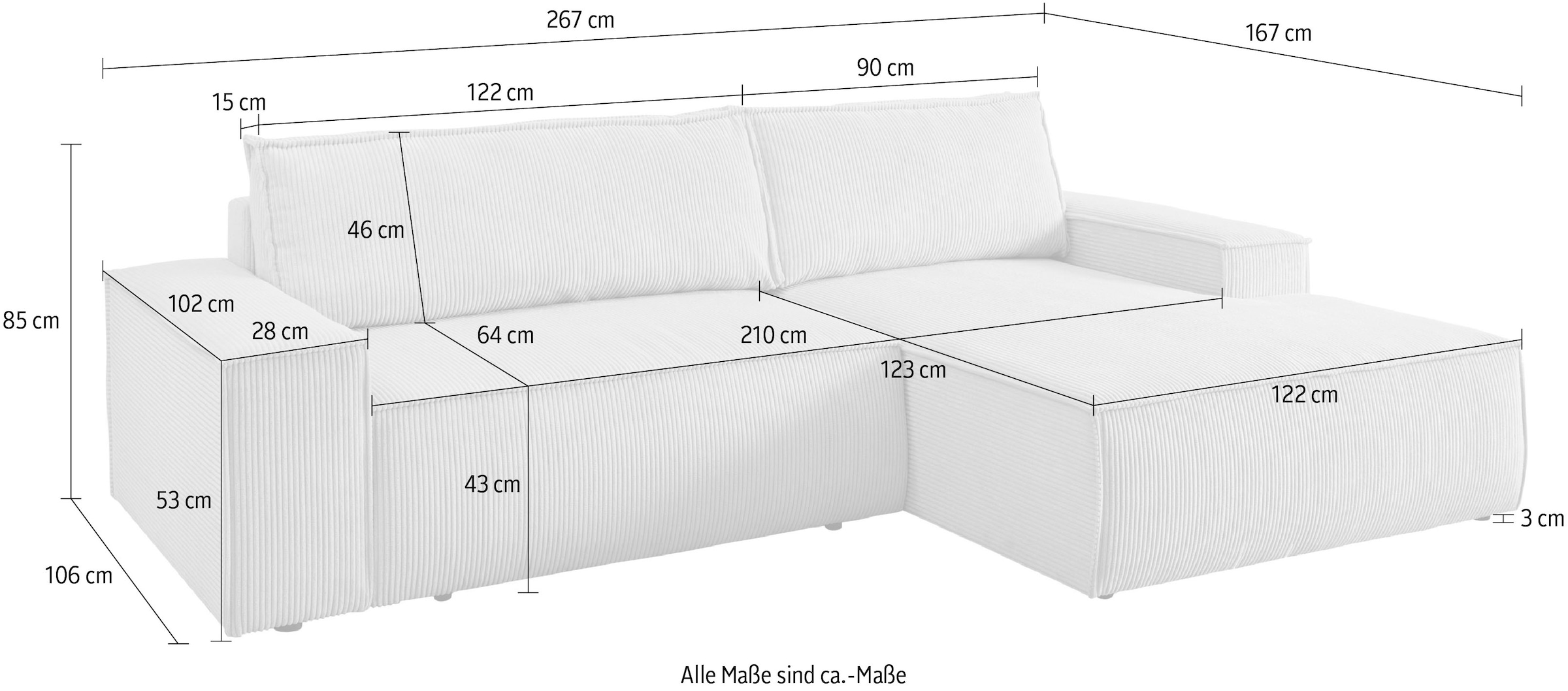 Home affaire Ecksofa SHERWOOD Schlafsofa 267 cm, L-Form, Schlaffunktion mit Bettkasten (210x136 cm), Cord, Vintage, Samtvelours