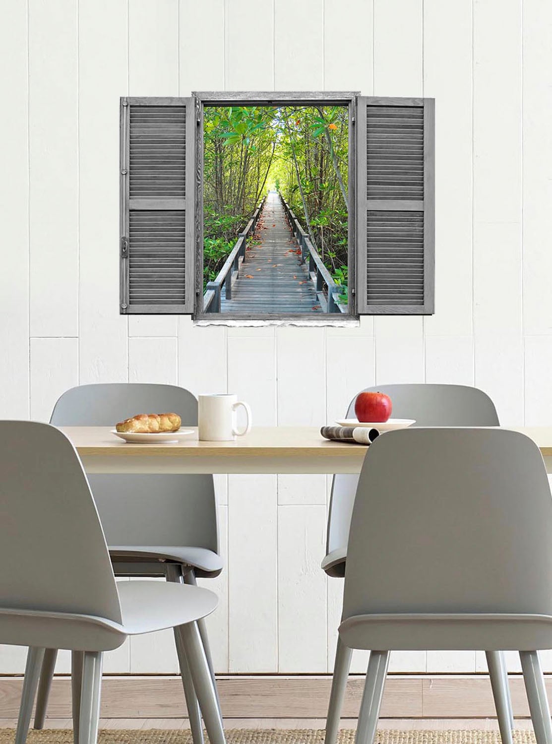 queence Wandtattoo »Brücke im Wald«, (1 St.), Wandsticker, Wandbild, selbstklebend, 3D, Fenster
