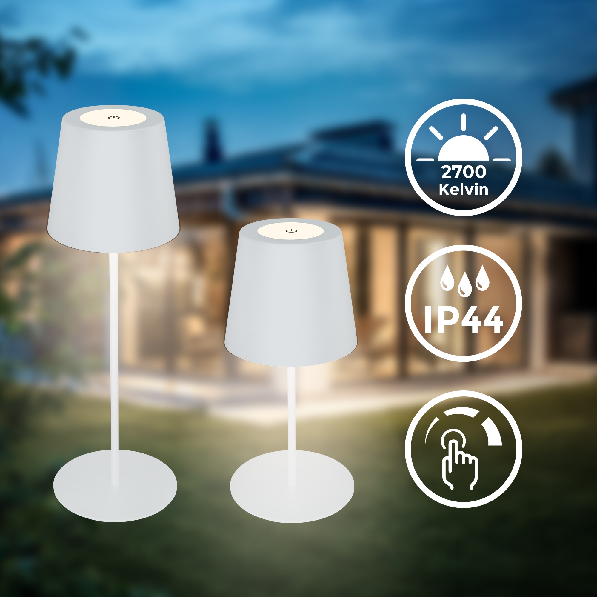 B.K.Licht Außen-Tischleuchte »BK_TL1594 Akku LED Tischlampe, 3-Stufen Touchdimmer, mit USB« LED-Modul 1 Stk. Extra-Warmweiß 2.700 K, 200 Lm, 2,5W, IP44, 12h Leuchtdauer, 36 x 10,5 cm, Weiß