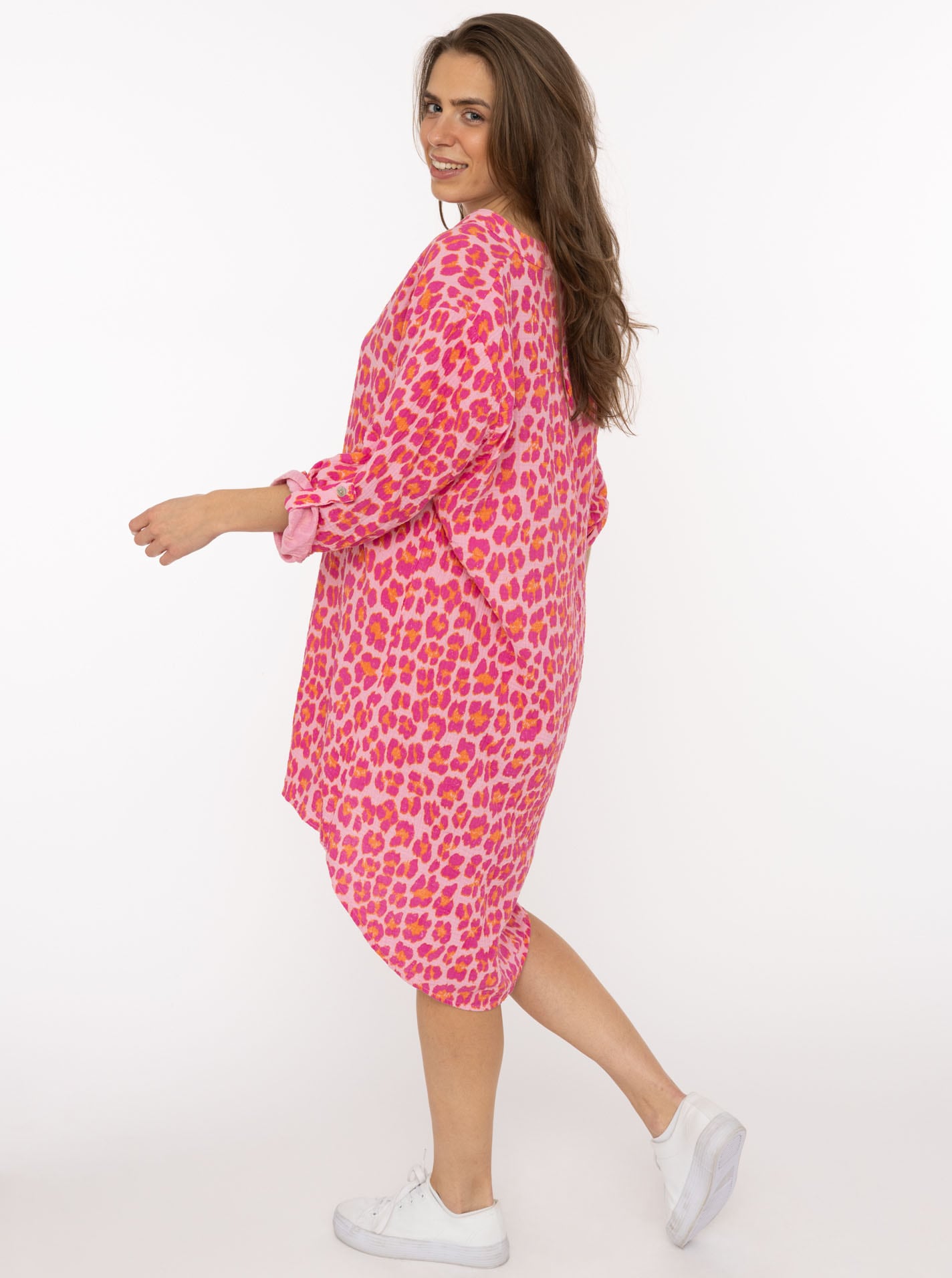 Zwillingsherz Blusentop »"Rom"« Turn-Up Ärmel, V-Neck. Leo-Muster, Musselin