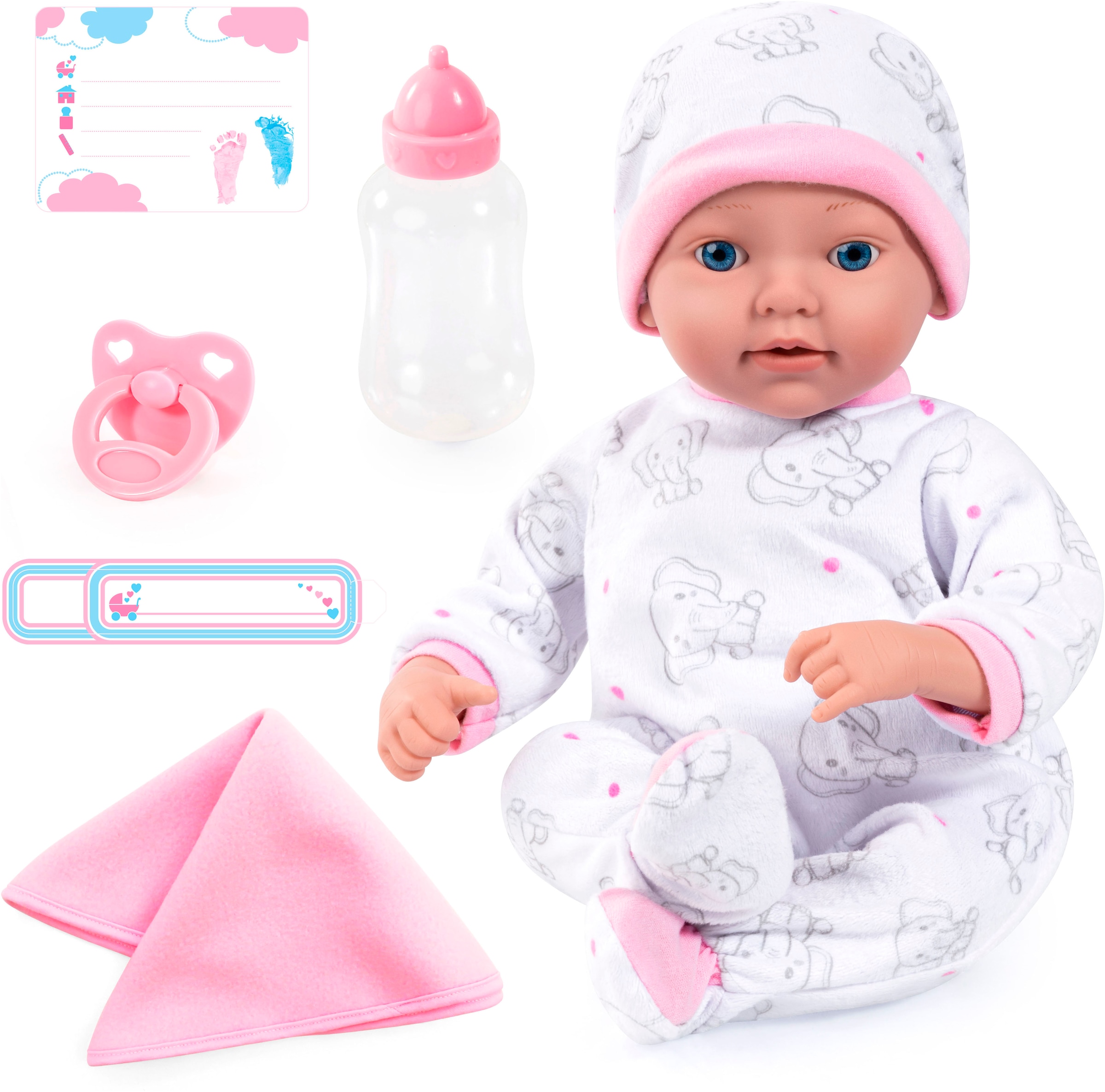 Bayer Babypuppe »Reborn Baby, 38 cm Elefantenmuster«, (4 tlg.)