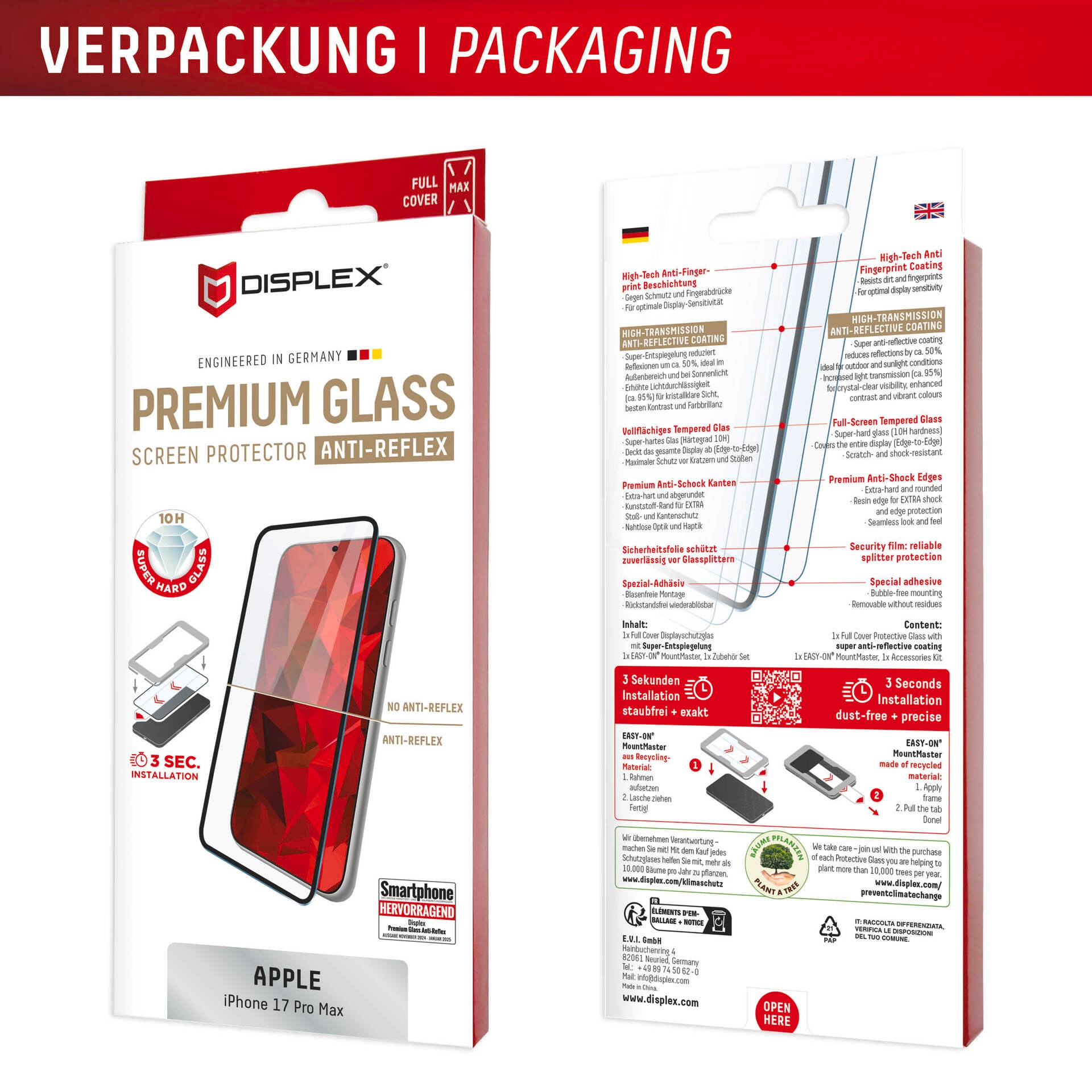 Displex Displayschutzglas »Premium Glass Screen Protector Anti-Reflex mit EASY-ON MountMaster« für Apple iPhone 17 Pro Max Displayschutzfolie, Schutzfolie, Bildschirmschutz, kratz- & stoßfest