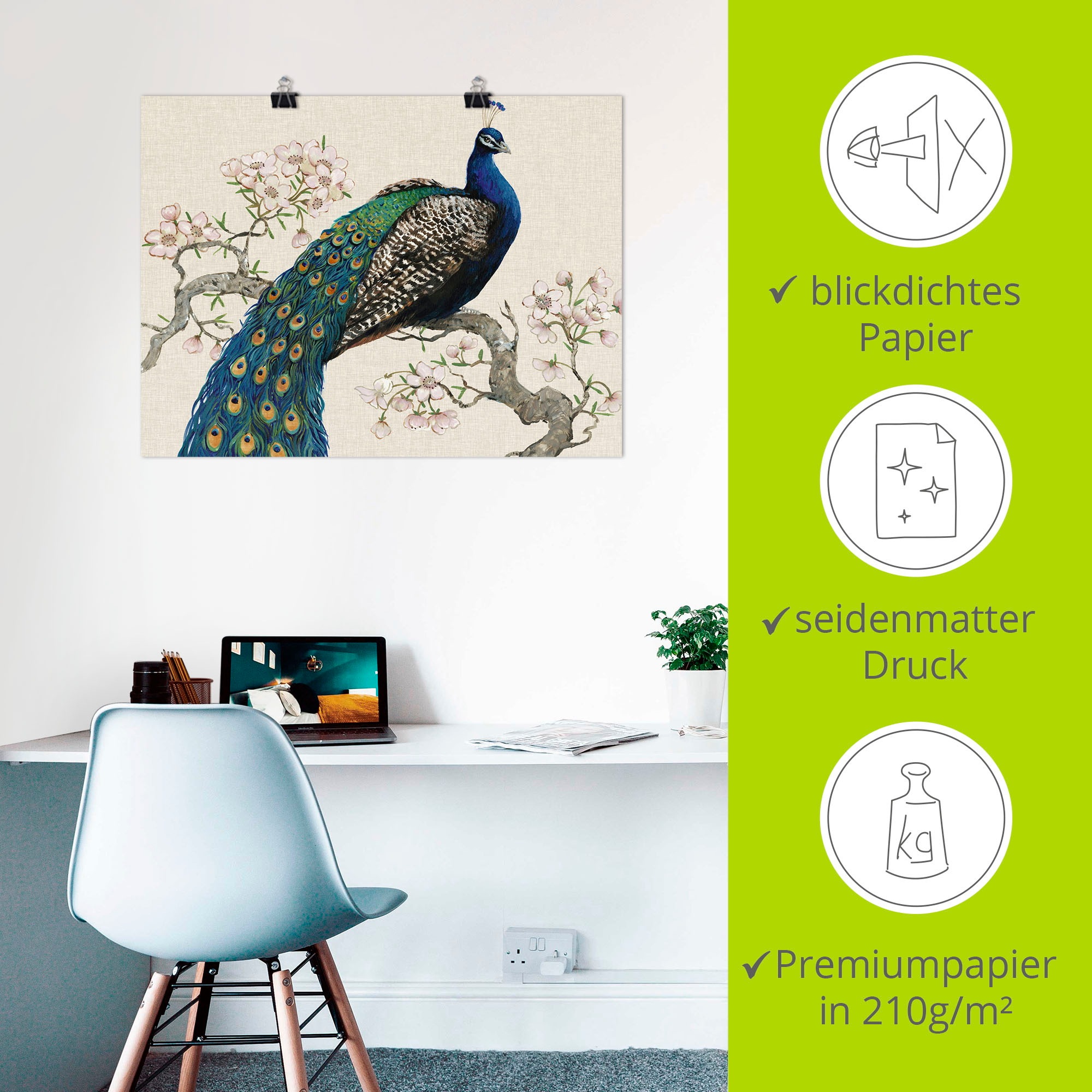 Artland Wandbild »Pfau & Blüten I«, Vögel, (1 St.), als Alubild, Outdoorbild, Leinwandbild, Poster, Wandaufkleber