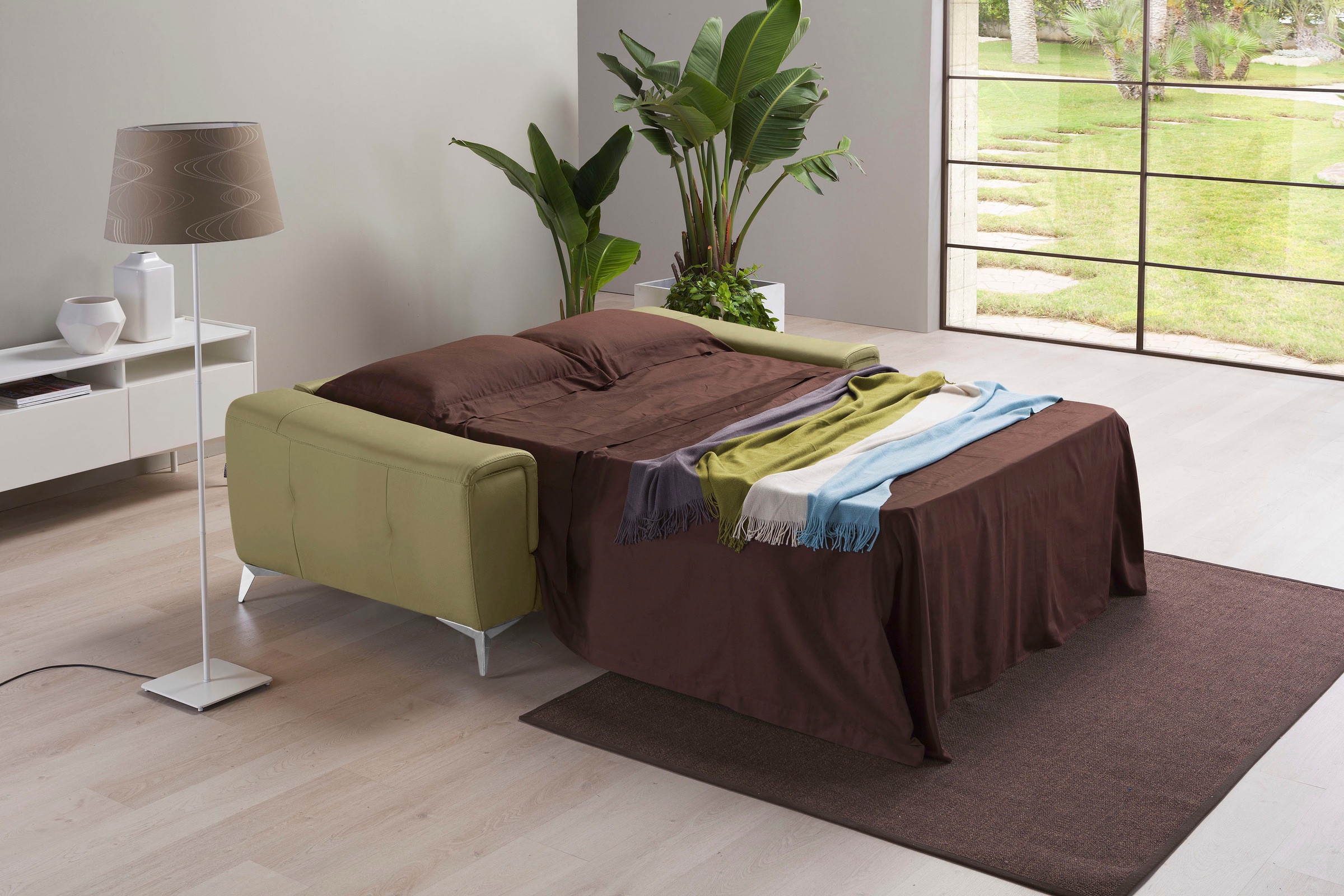 Egoitaliano Schlafsofa »Francine Designsofa, Loungesofa mit Dauerschlaffunktion, Breite 233 cm«, mit Bettfunktion, Leder BULL, salbei, Fußfarbe chrom