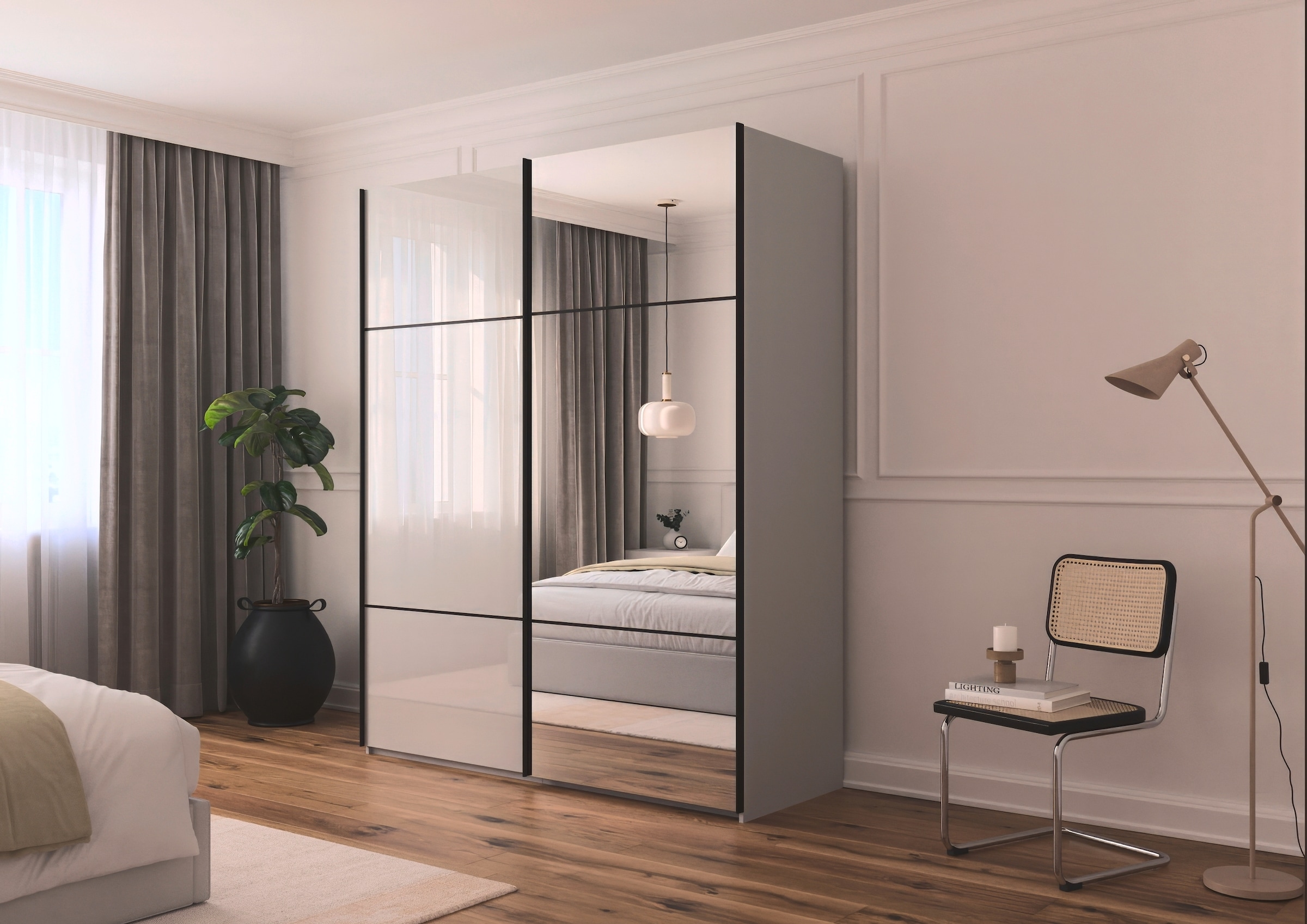 rauch Schwebetürenschrank »Kleiderschrank Schrank Garderobe Schlafzimmerschrank SCALE-TRIO« edle dreigeteilte Front mit 2 Zierleisten Spiegel/Glas MADE IN GERMANY