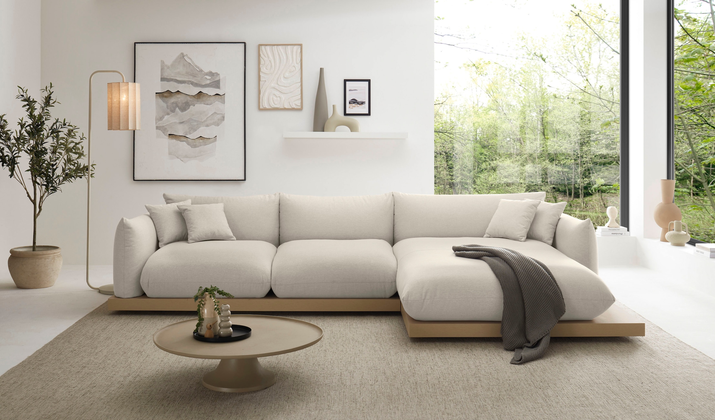 OTTO home Ecksofa »Kalix, Polsterecke mit kräftigem Holz-Plateau, moderne Couch in L-Form«, wahlweise Recamiere links o. rechts, Strukturstoff, hoher Sitzkomfort