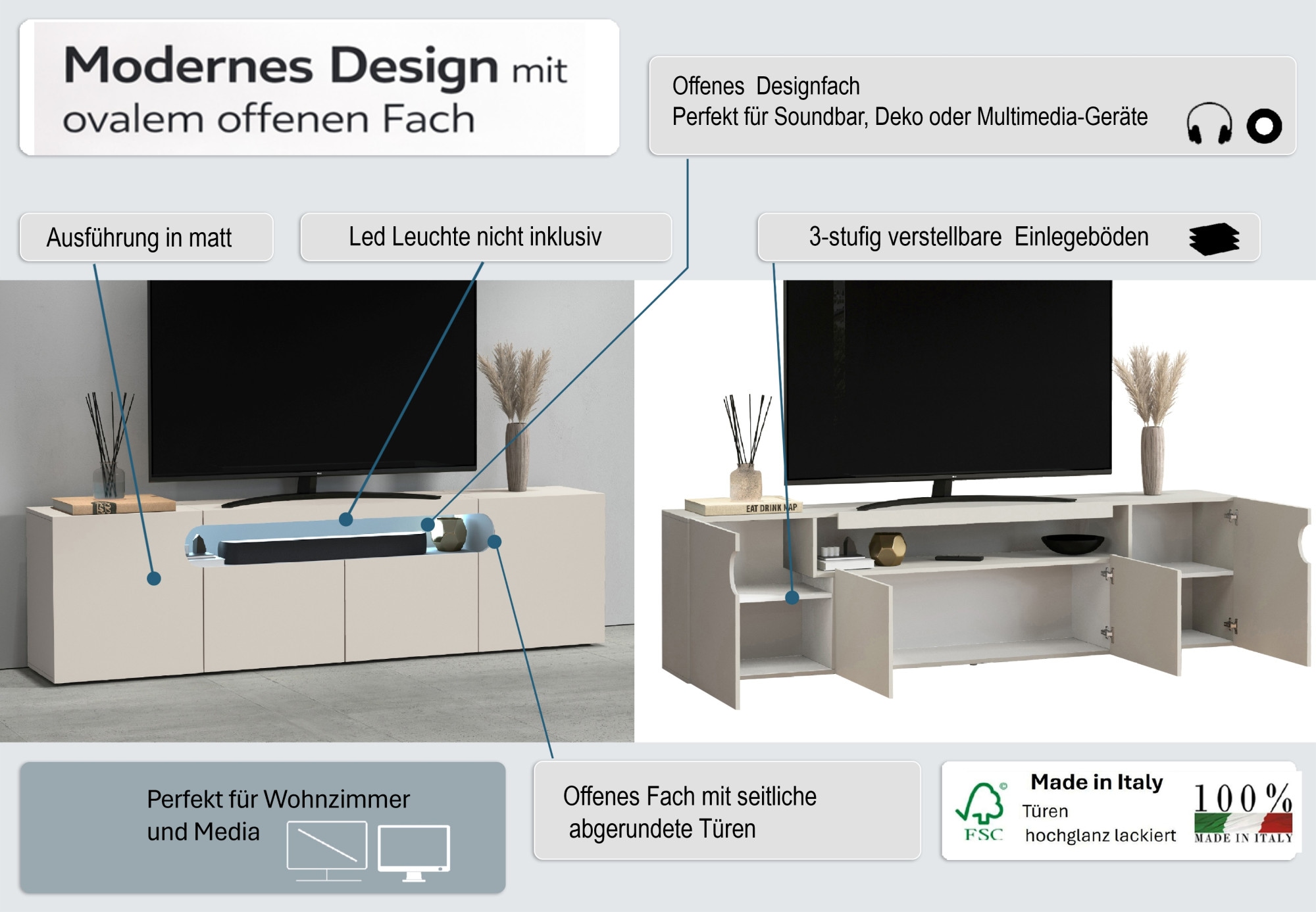 OTTO home Lowboard »REAL,Lowboard,TV-Kommode,TV-Möbel,TV-Bank« 1 Stk. tlg. Mit 4 Türen, davon 2 abgerundet, die ein ovales offenes Fach bilden