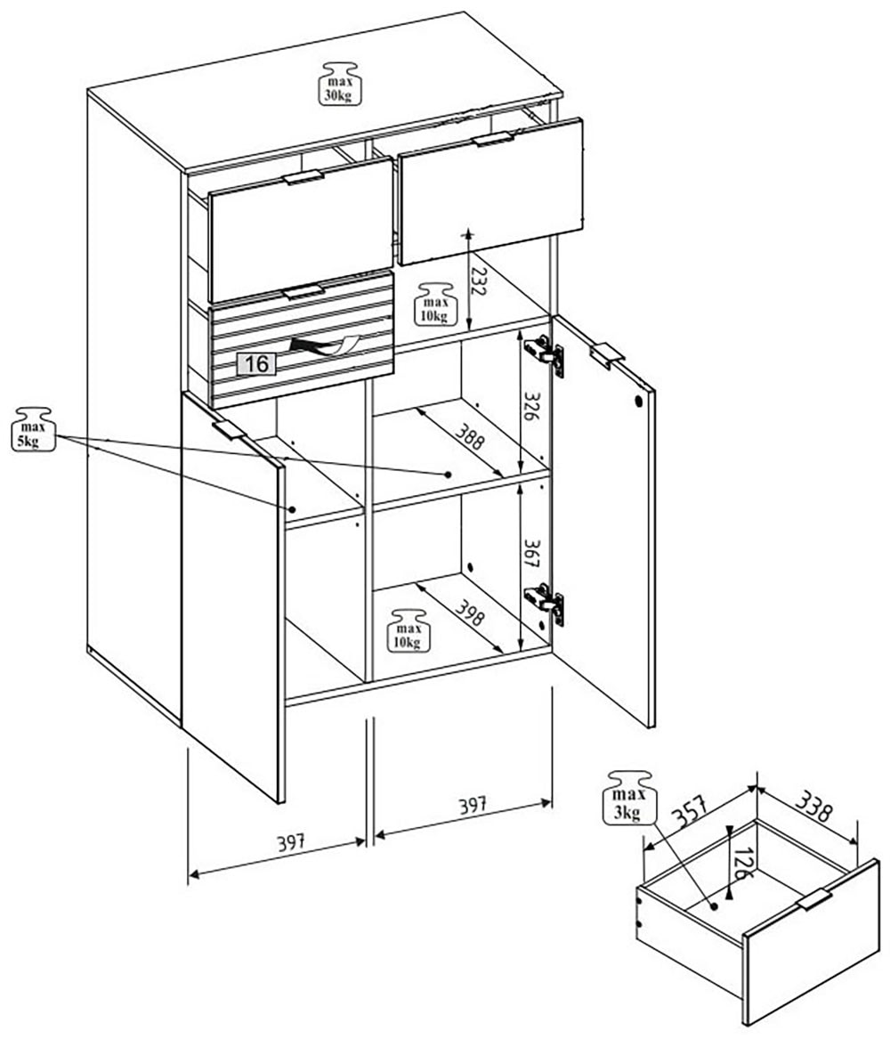 Innostyle Highboard »INA Highboard,  84 x 125 x 45 cm (B/H/T)« 1 Stk. tlg. 2 türig, 3 Schubladen, inkl. Beleuchtung, Softclose
