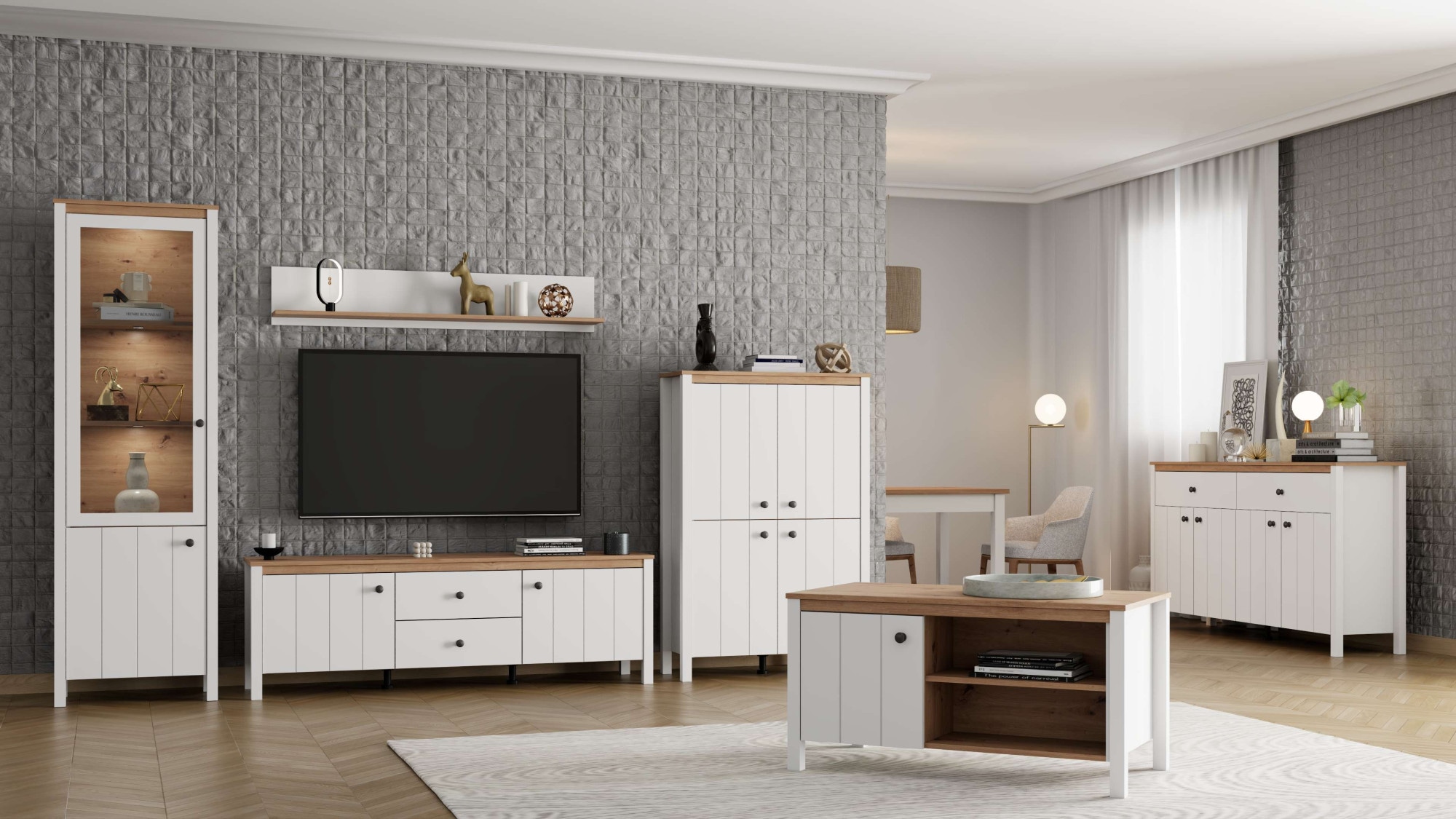 Home affaire Lowboard »BEDFORD, TV-Board, TV-Kommode, TV-Schrank, TV-Möbel im Landhausstil« MDF-Profil, 2 Türen, 2 Schubladen und 2 Fächer mit Metallgriffen