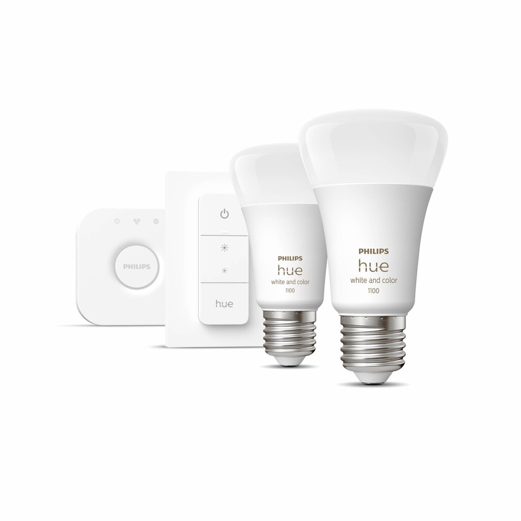 Philips Hue Smarte LED-Leuchte »White & Col. Amb. E27 2er Starter Set inkl. DimmerSwitch 2x1100«