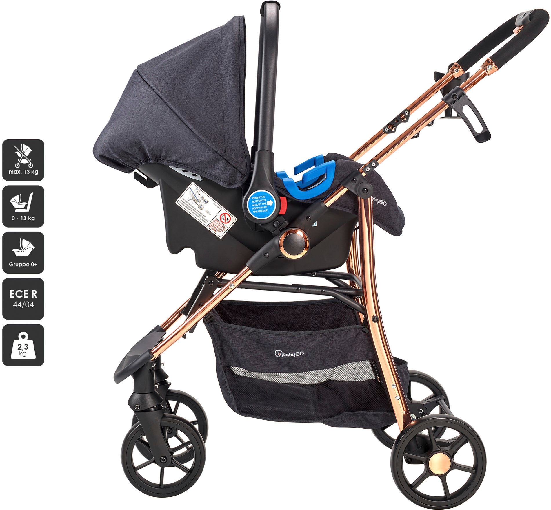 BabyGo Kombi-Kinderwagen »Style - 3in1, rosegold/black«, inkl. Babyschale mit Adaptern u. Wickeltasche