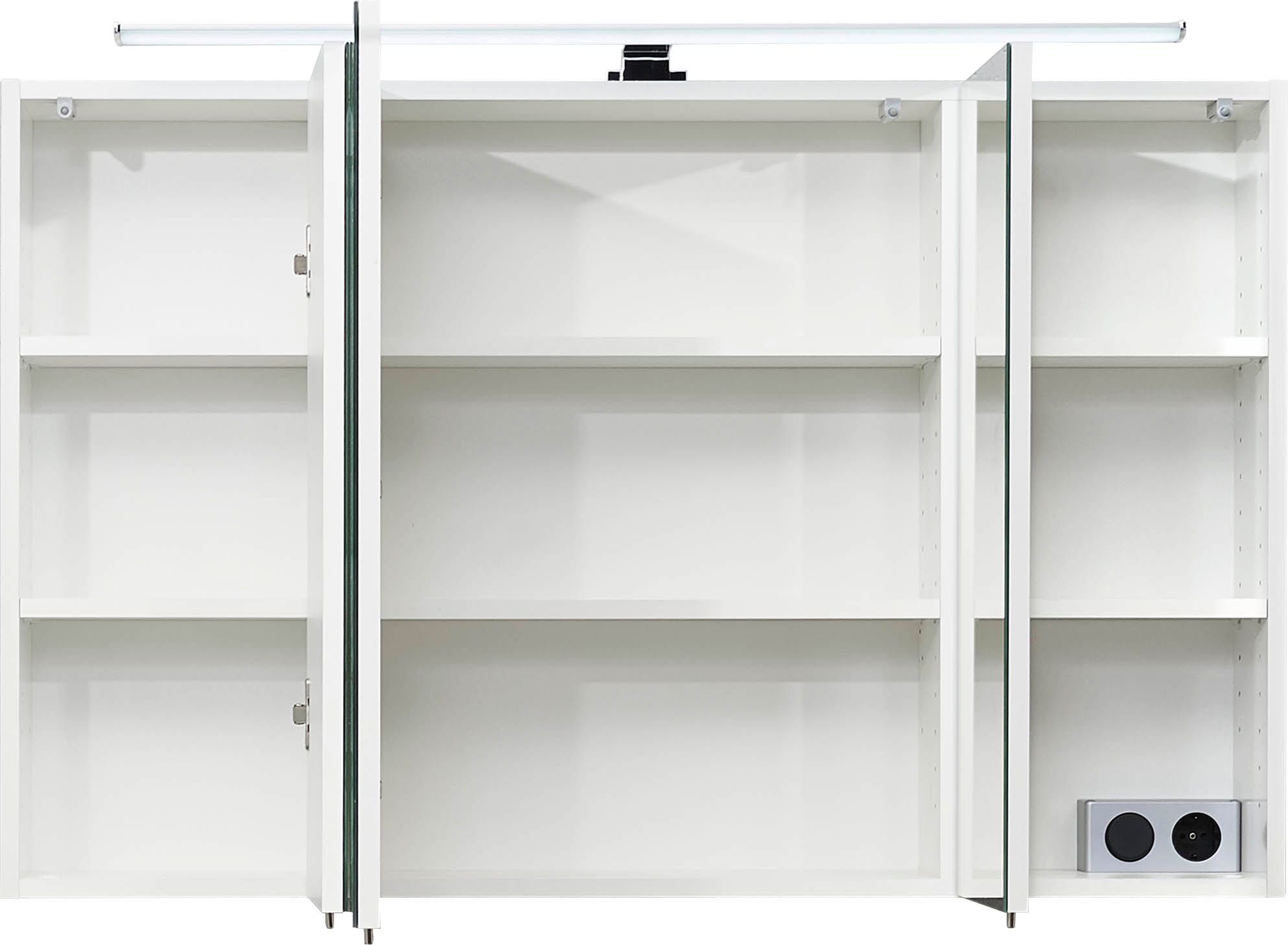 Saphir Spiegelschrank »Quickset 360 Badschrank, 3 Spiegeltüren, 6 Einlegeböden, 110 cm breit«, inkl. LED-Beleuchtung, Türdämpfer, Schalter-/Steckdosenkombination