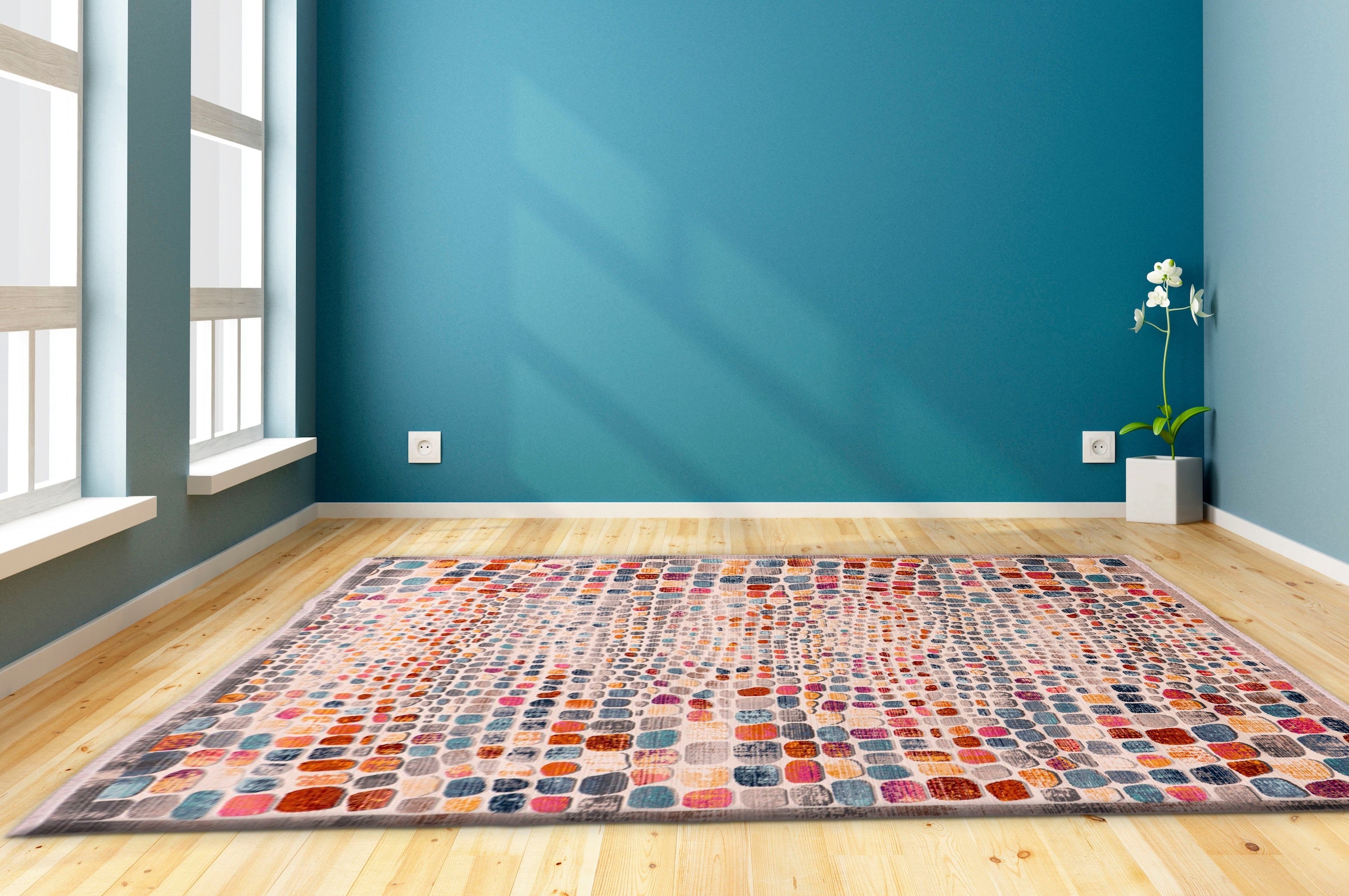 Home affaire Teppich »Benji«, rechteckig, 5 mm Höhe, farbenfrohes Mosaik-Muster, Kurzflor, mit Fransen