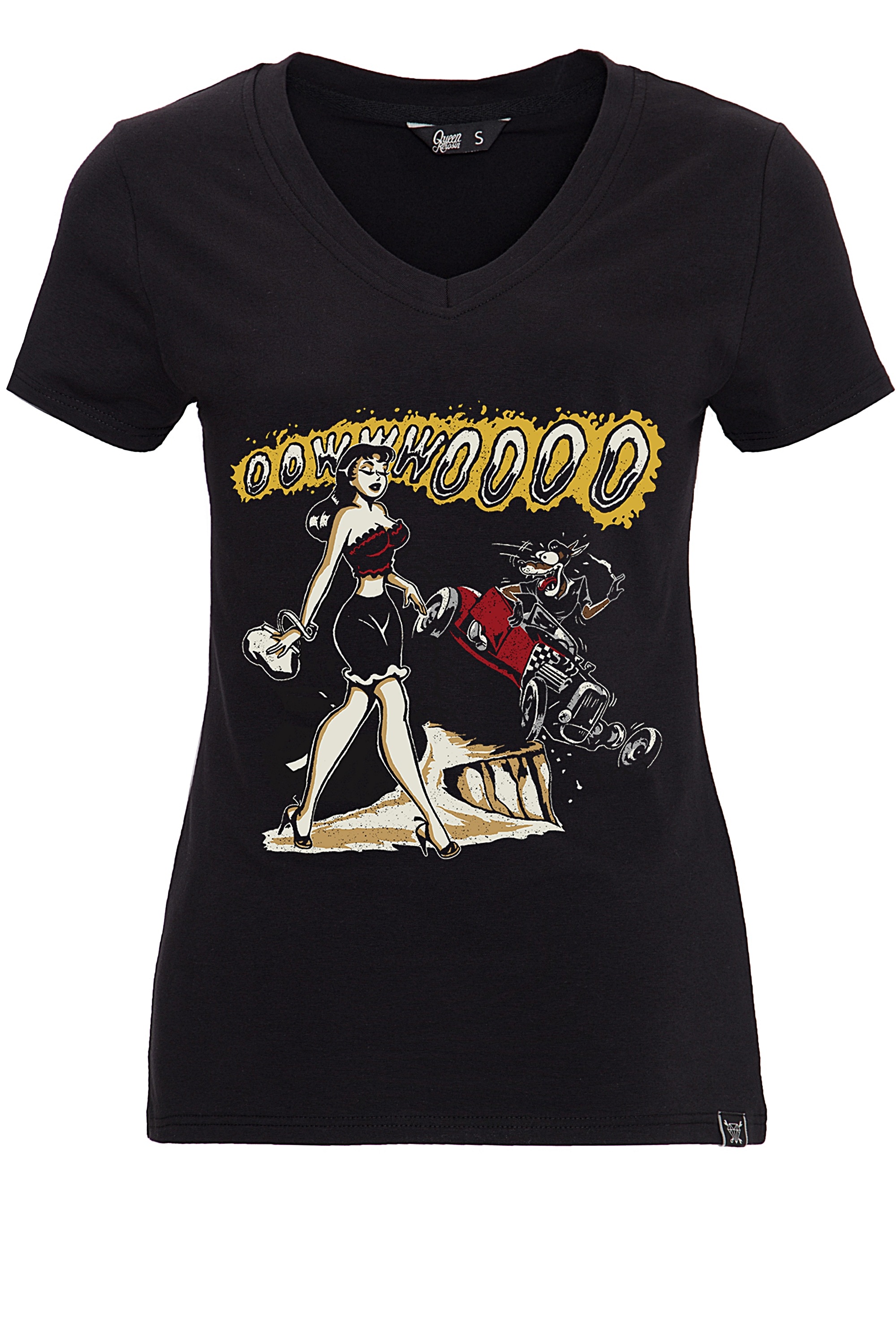 QueenKerosin T-Shirt »Oowwwoooo«, mit Frontprint und V-Ausschnitt