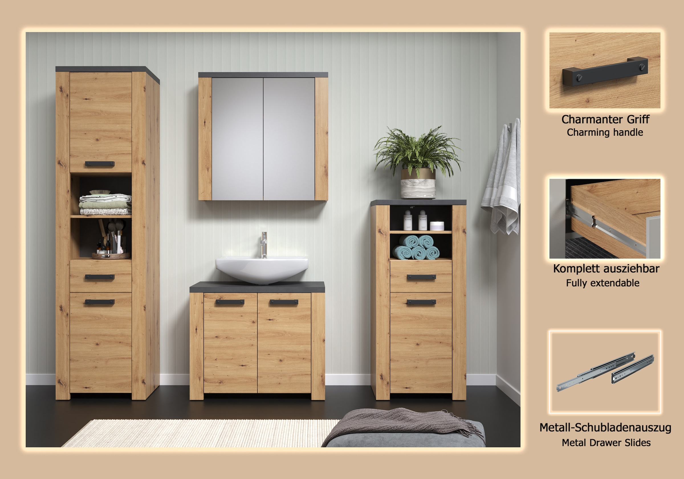 welltime Badezimmer-Set »Ambres«, (4 St.), Komplettset: Hochschrank, Spiegelschrank, Kommode & Standschrank
